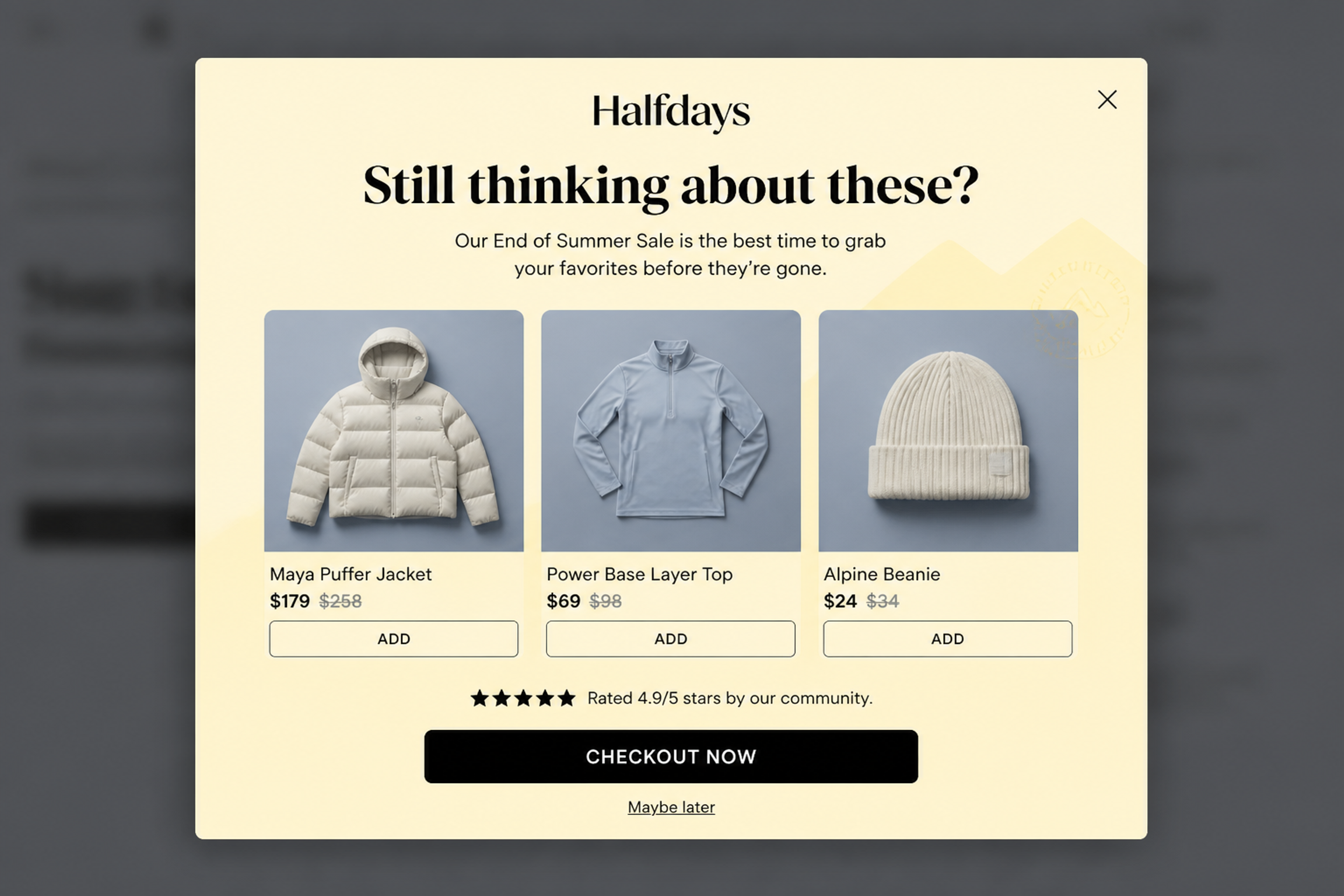 Cart reminder popup showing three outdoor apparel products with sale prices and the headline Still thinking about these?