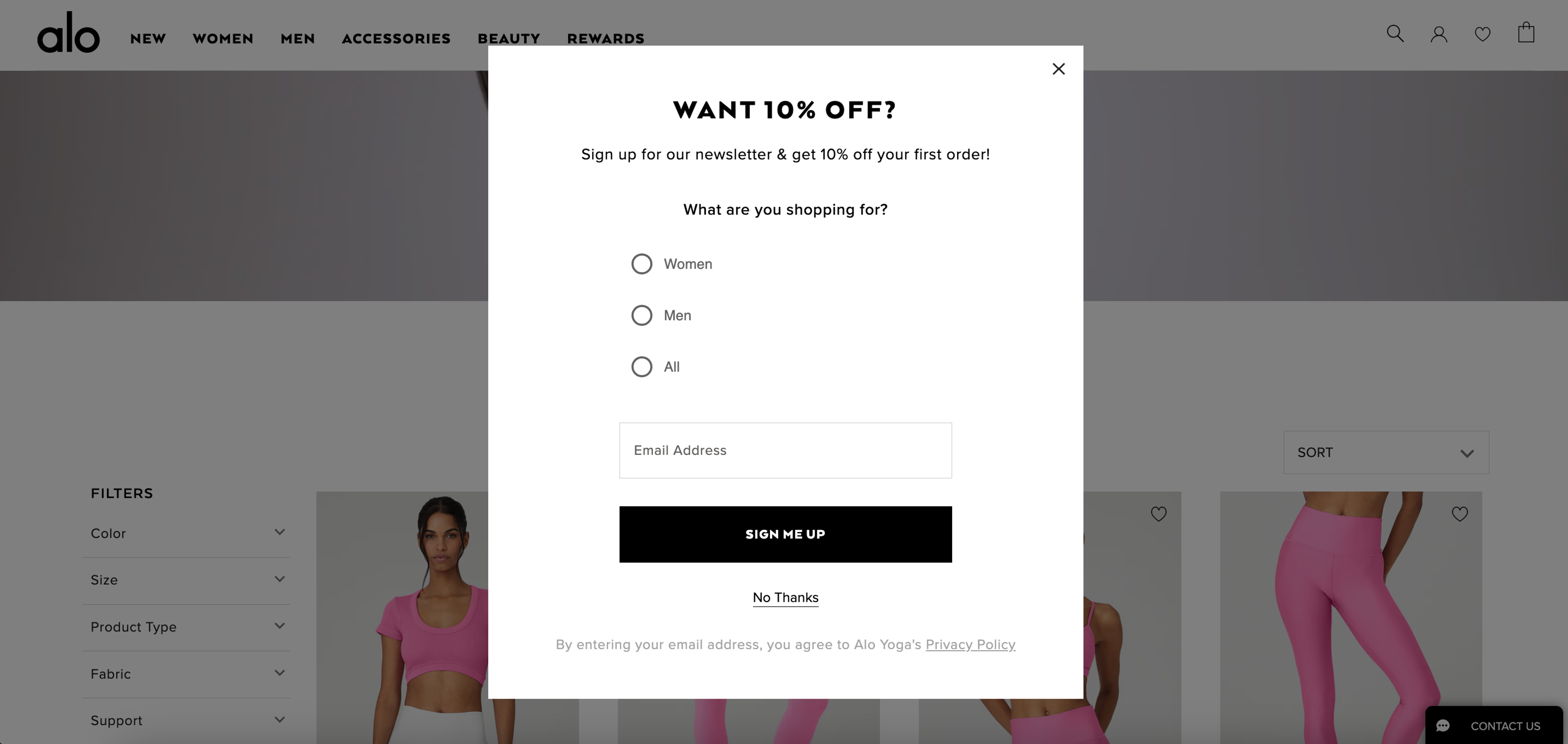Alo Yoga website pop-ups example