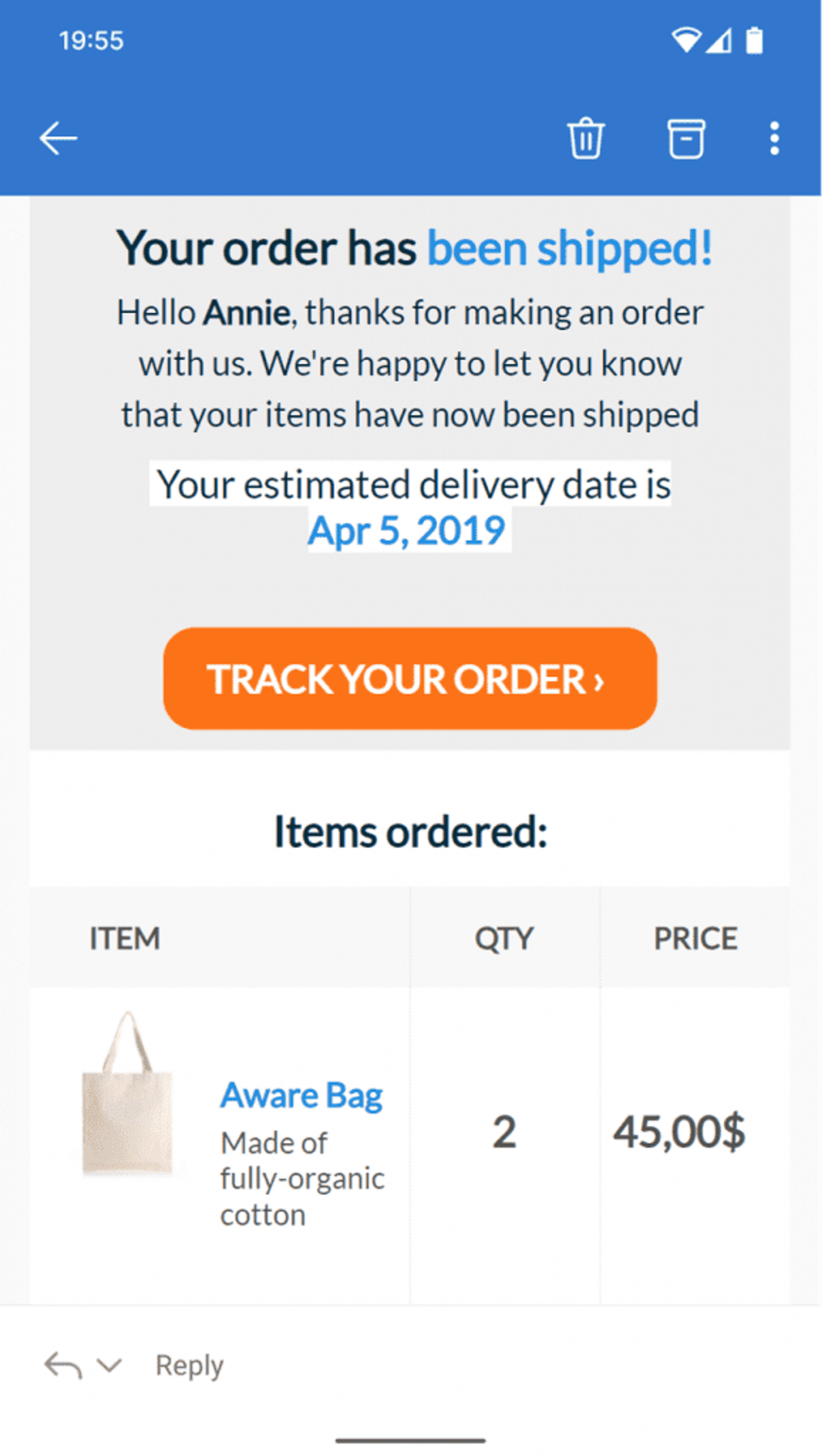 Order confirmation emails