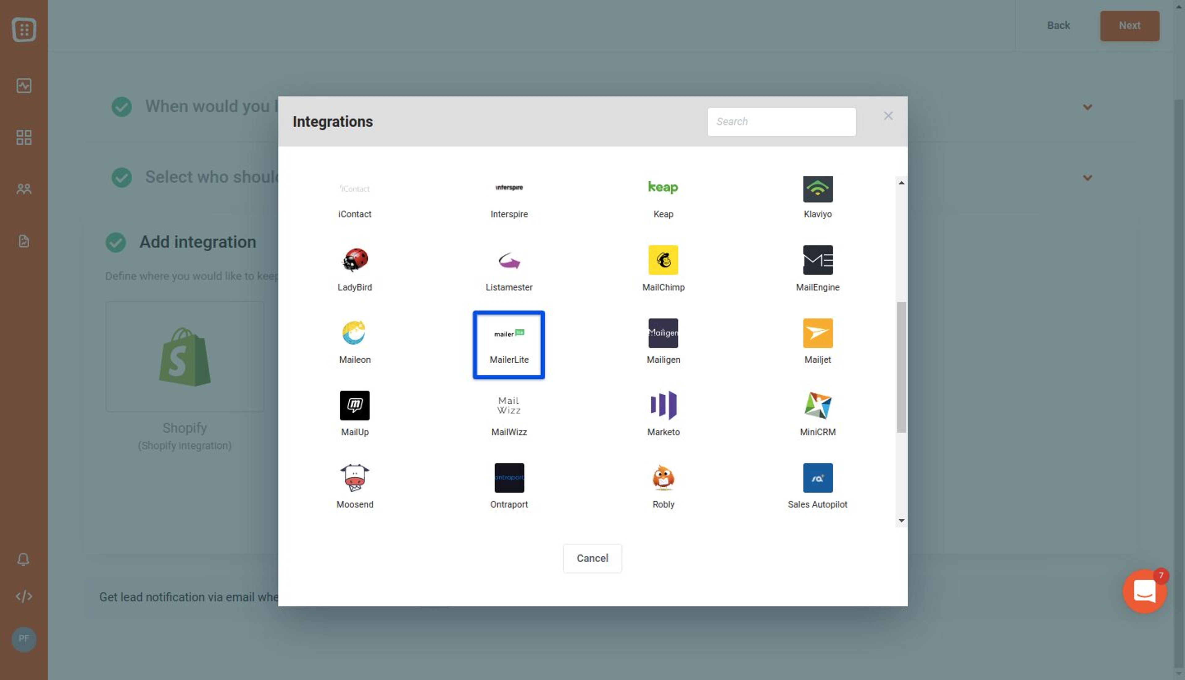 Add the MailerLite integration.
