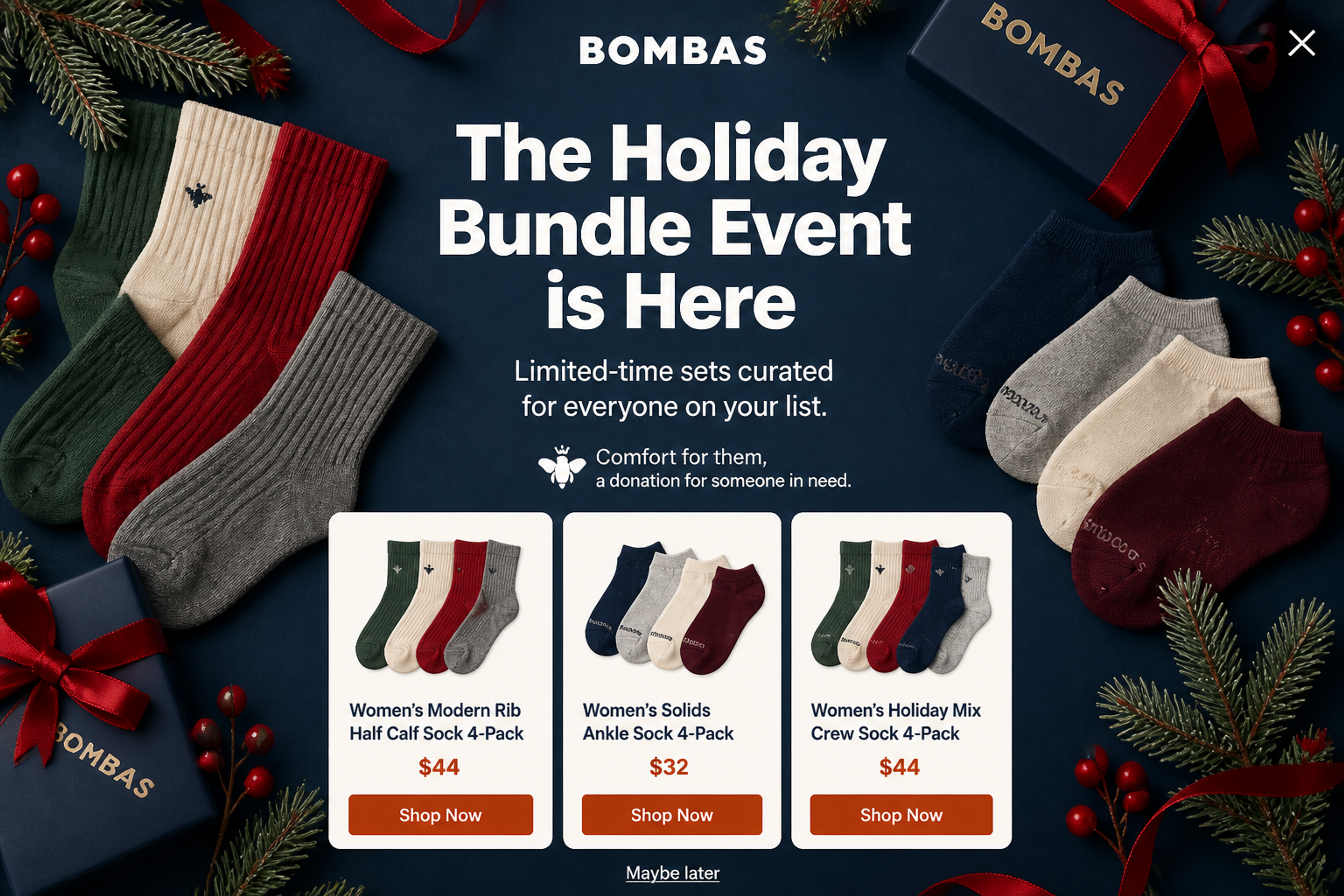 Fullscreen Christmas bundle popup showing three gift sets with prices