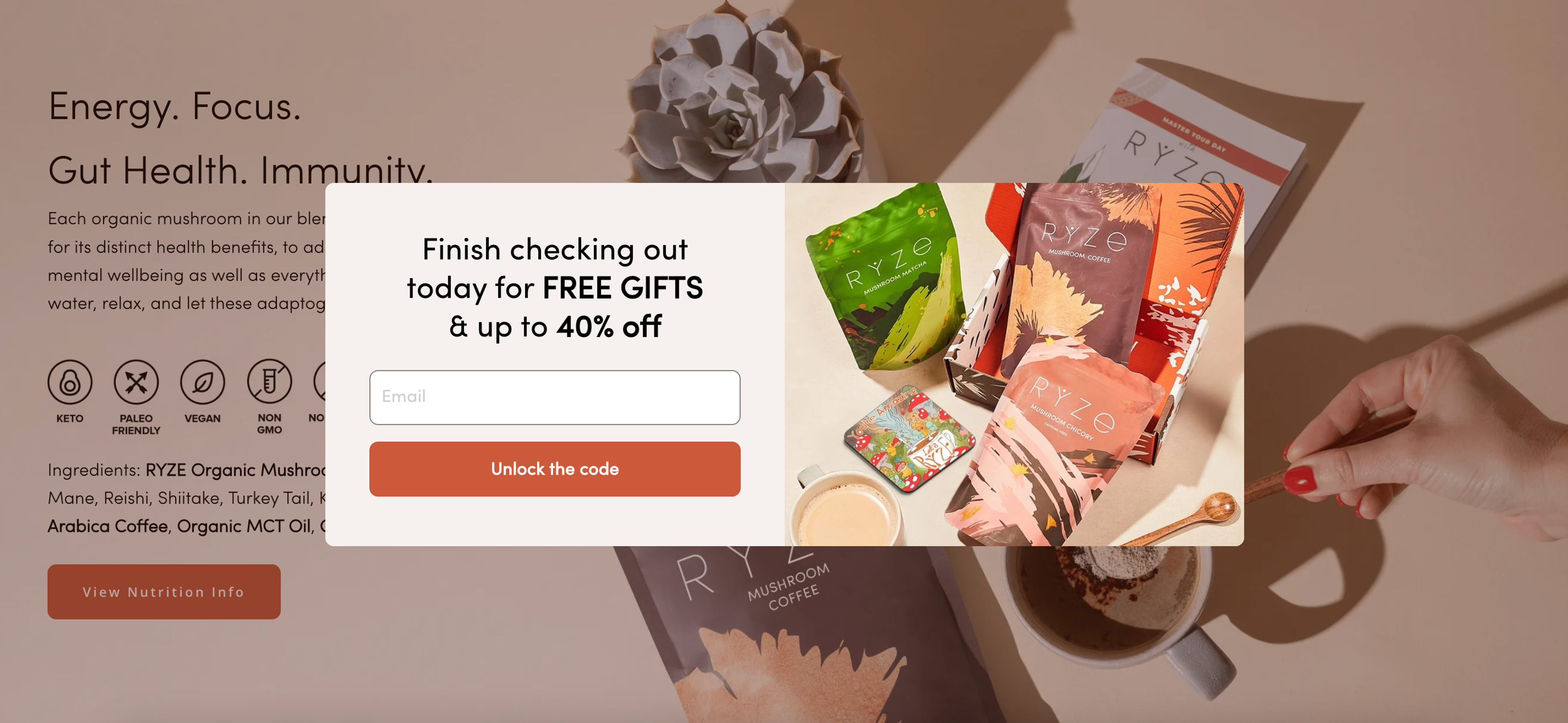 Ryze Mushroom Coffee has a 40% discount with complimentary gifts and product images for preview.