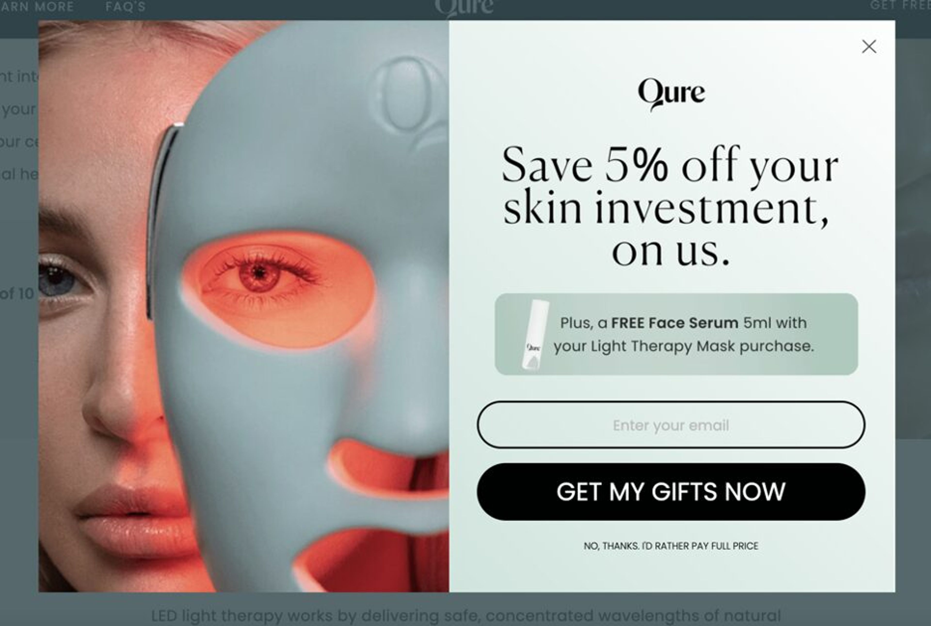 Qure's popup window is displayed on exit intent, offering a free face serum.