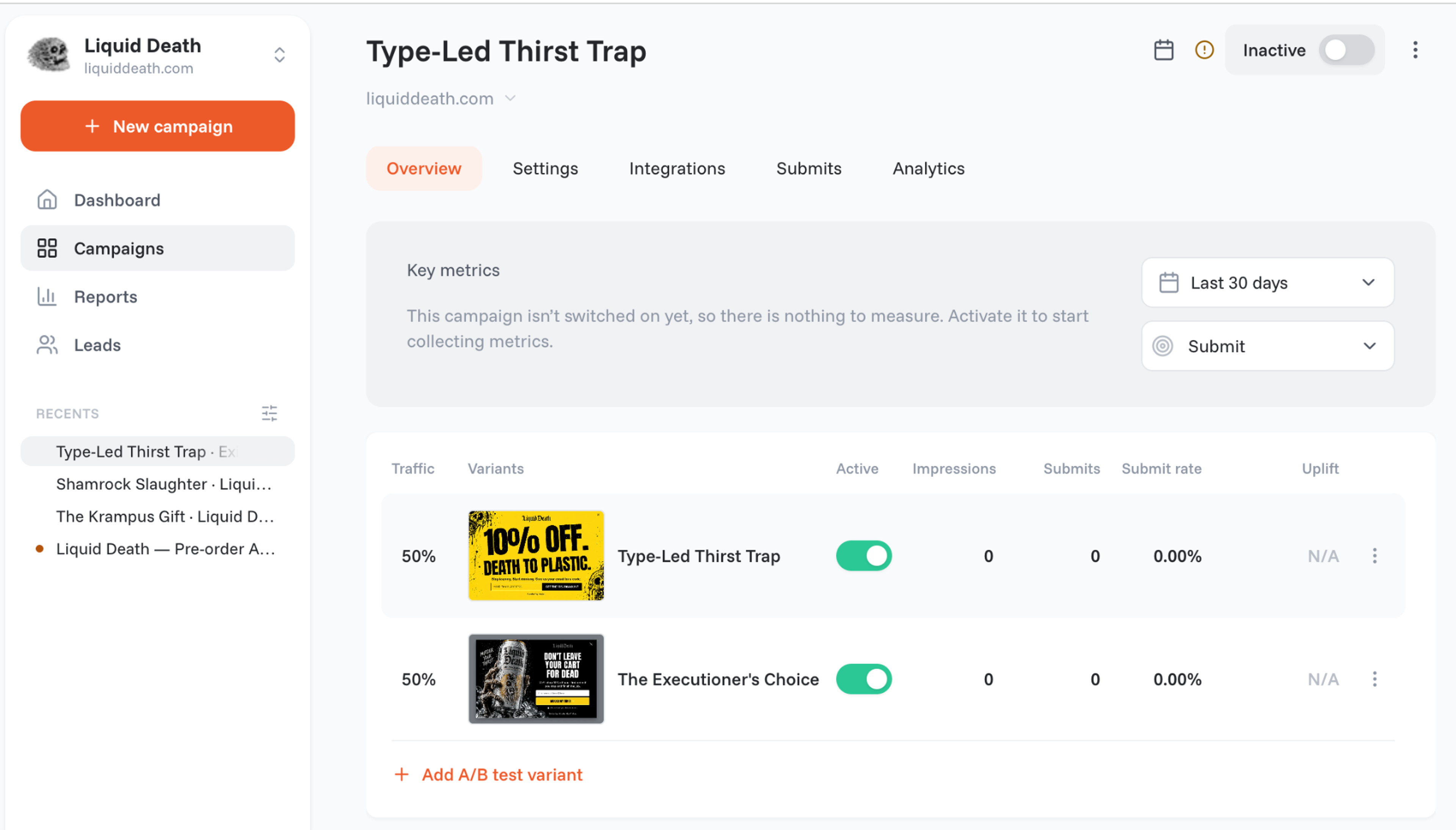 OptiMonk A/B test for Liquid Death: two popup variants, Type-Led Thirst Trap and The Executioner's Choice, each getting 50% of traffic