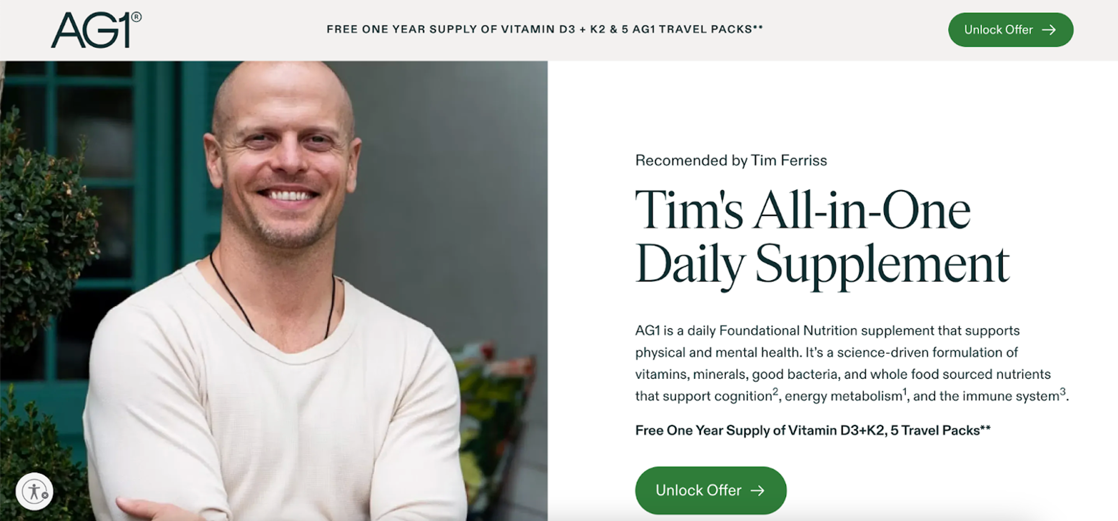 Personalized landing page for AG1's partnership with Tim Ferriss