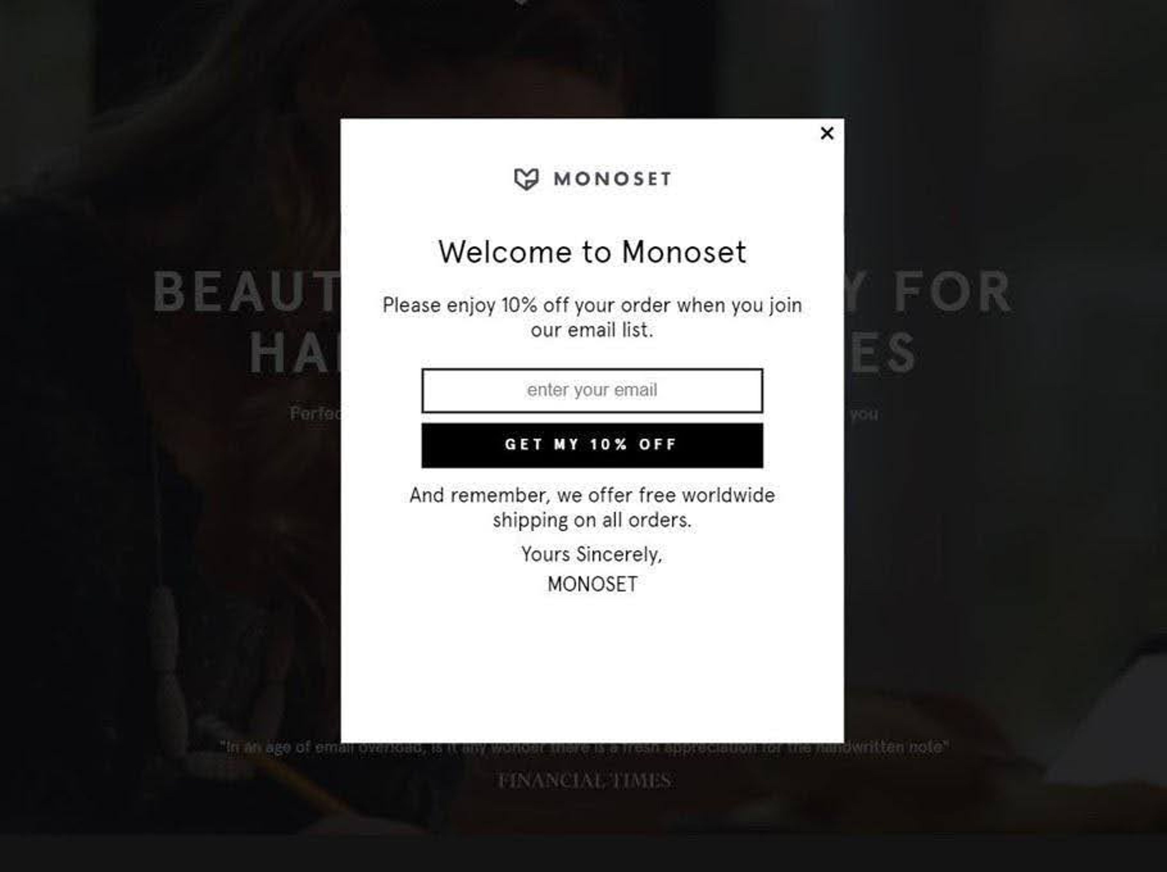 Monoset opt-in popup has a clear CTA