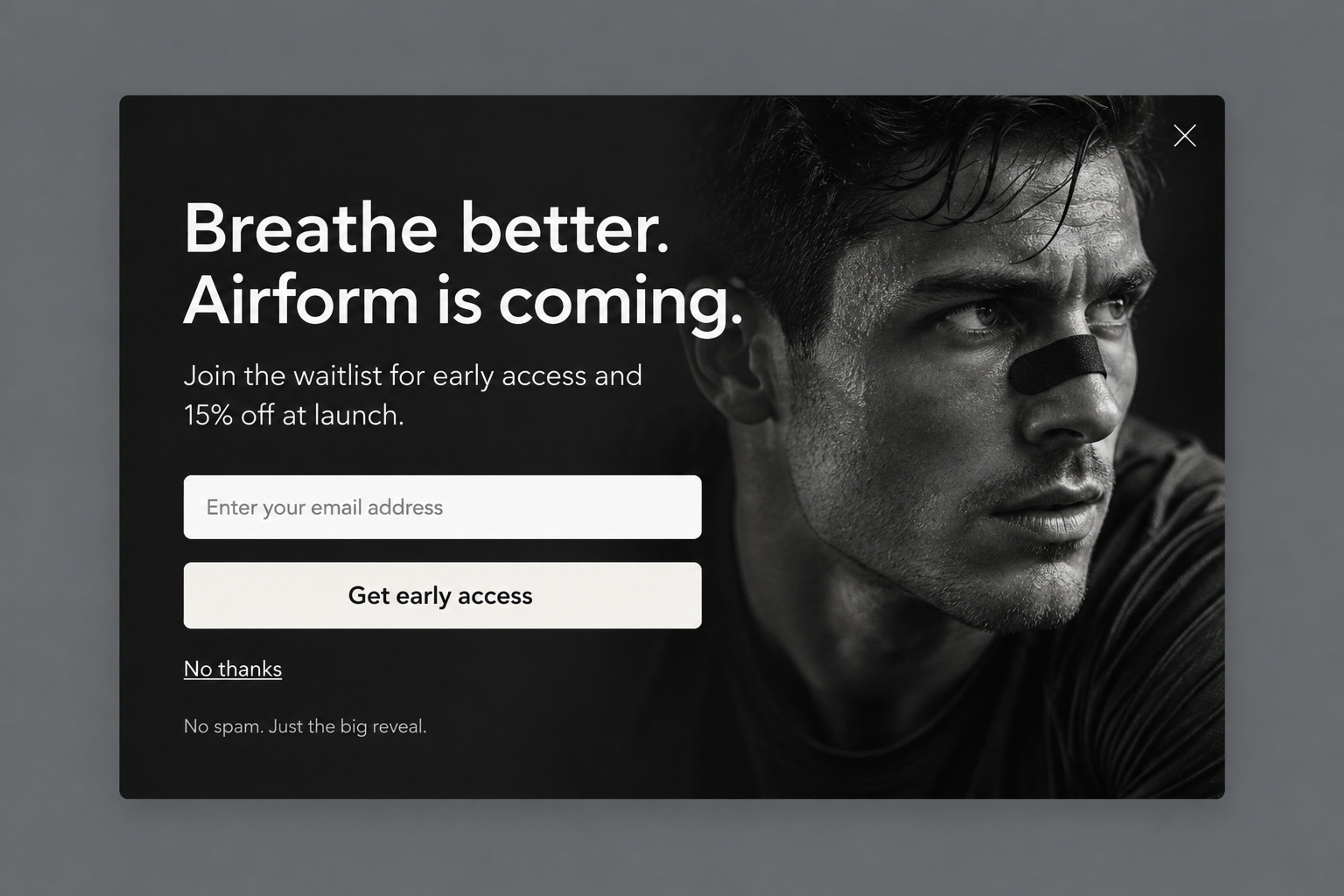Pre-launch waitlist popup offering early access and 15% off at launch