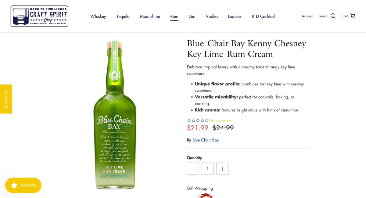 Blue Chair Bay Key Lime rum's product page