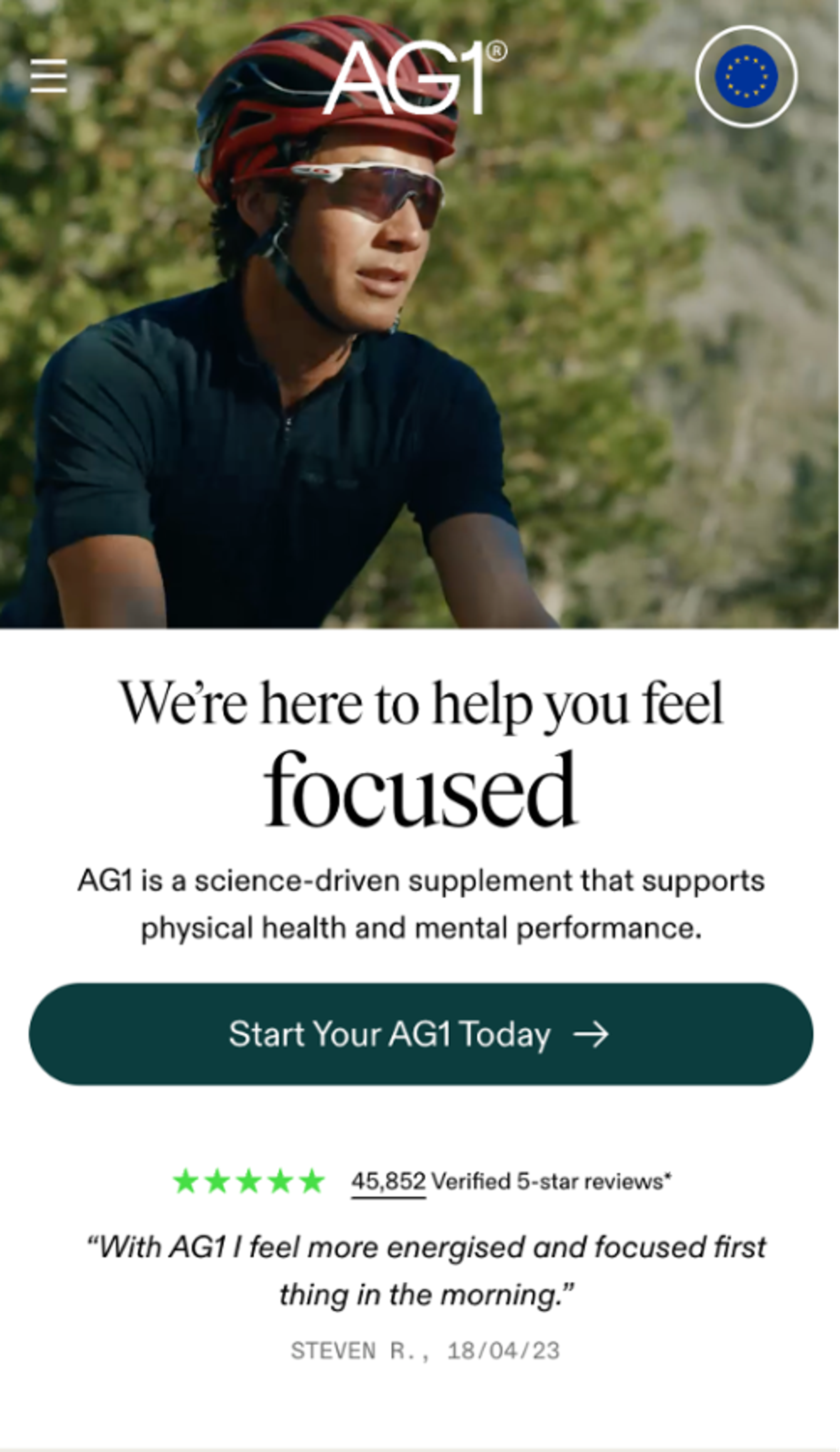 AG1 homepage on mobile device