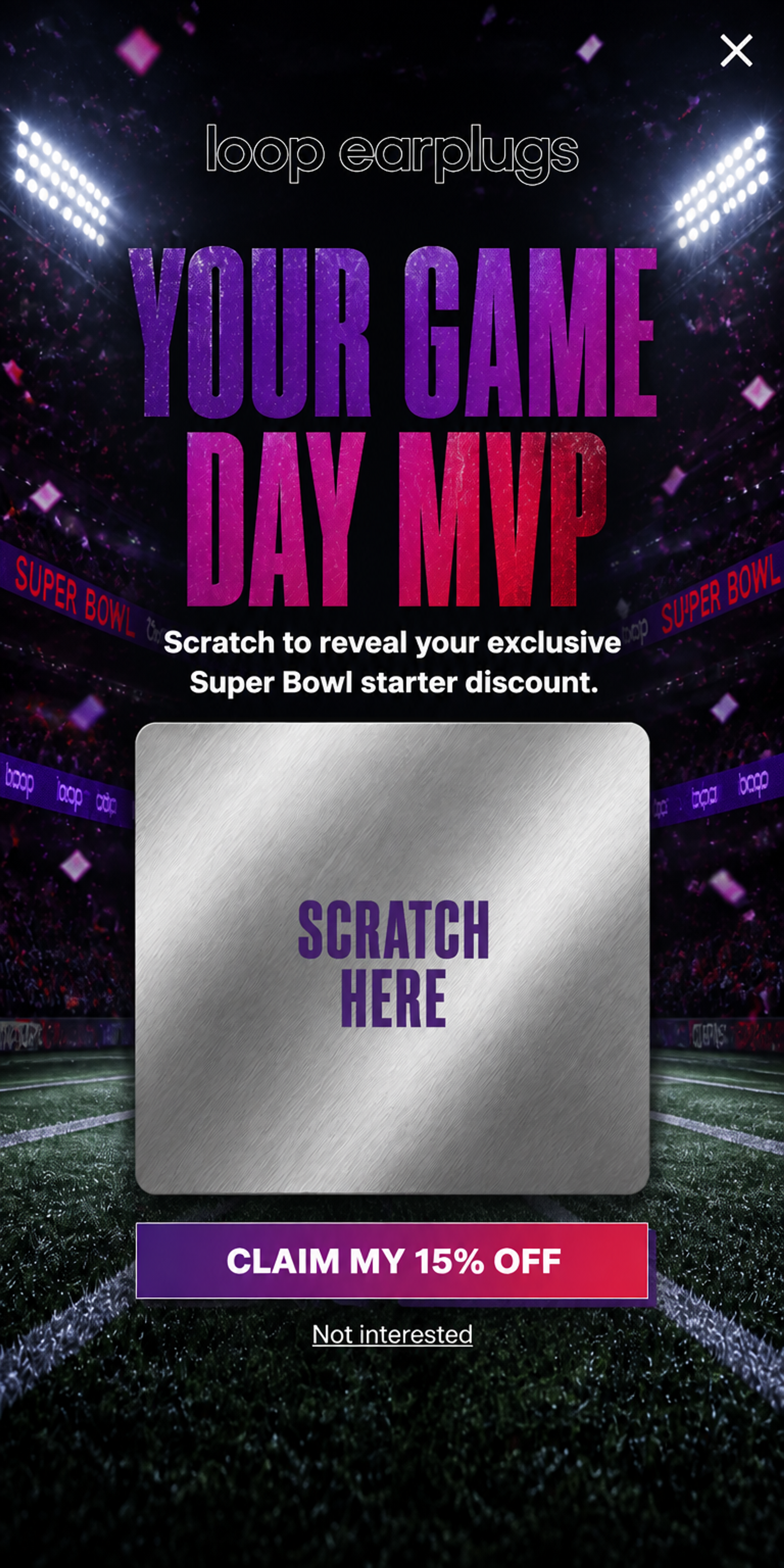 Mobile version of The MVP Reveal popup designed for Loop Earplugs