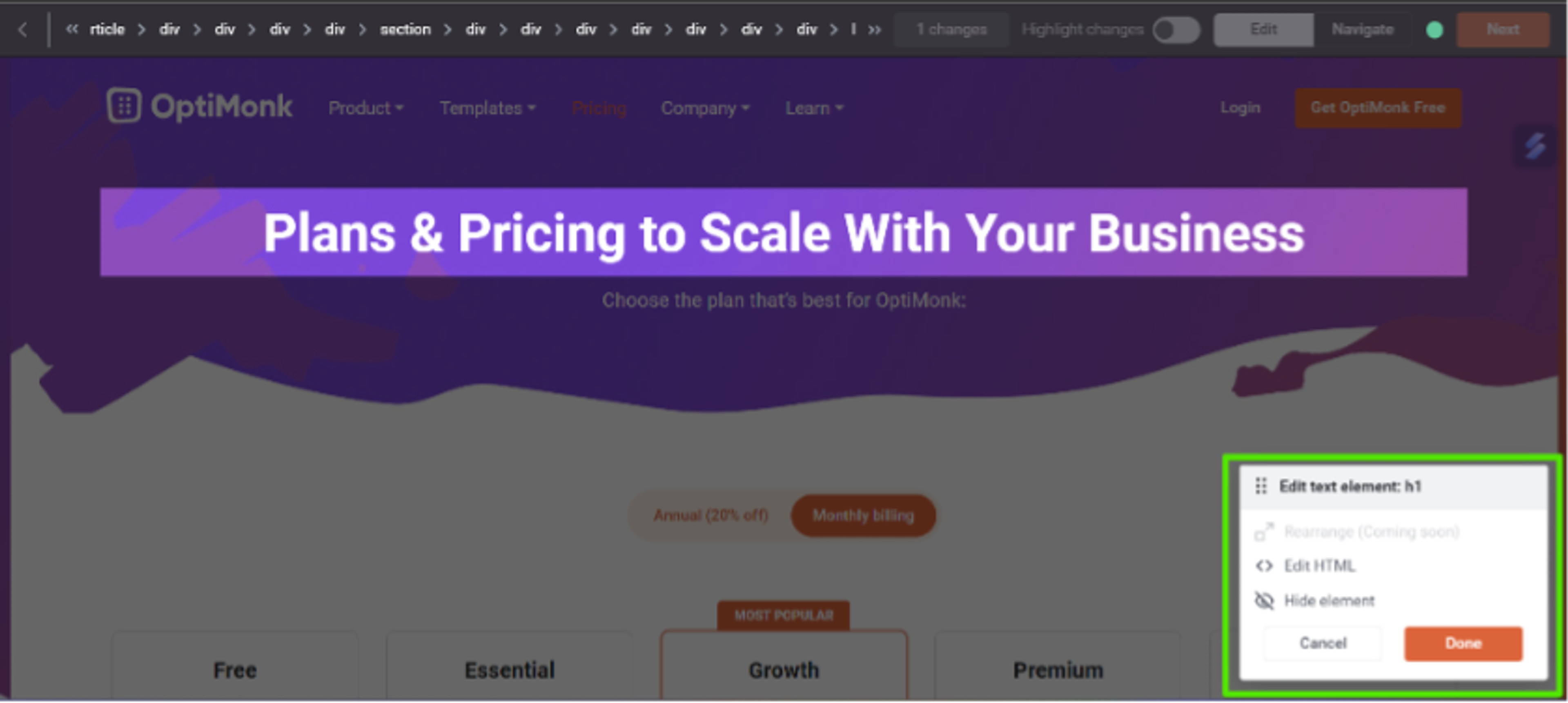OptiMonk visual editor