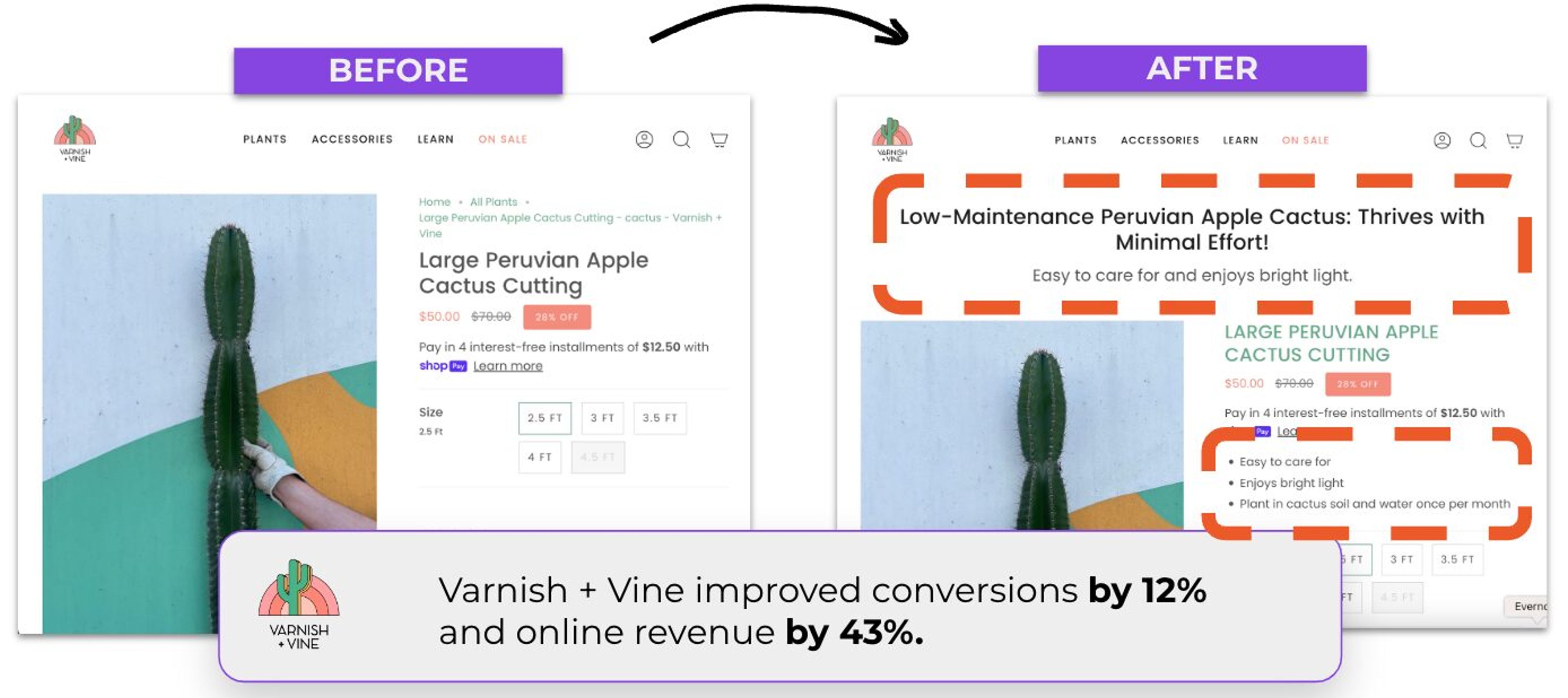Varnish and Vine optimized their product pages by implementing headlines and benefit focused bullet lists.