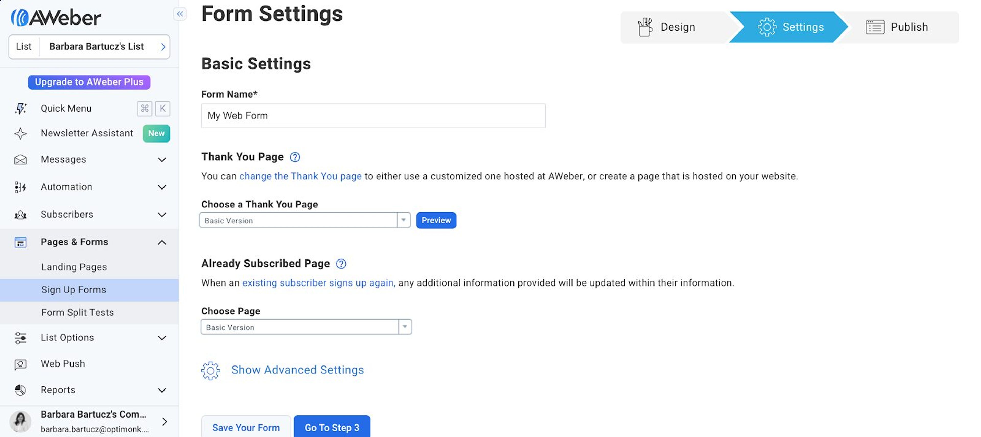 Create subscription popup in AWeber editor.
