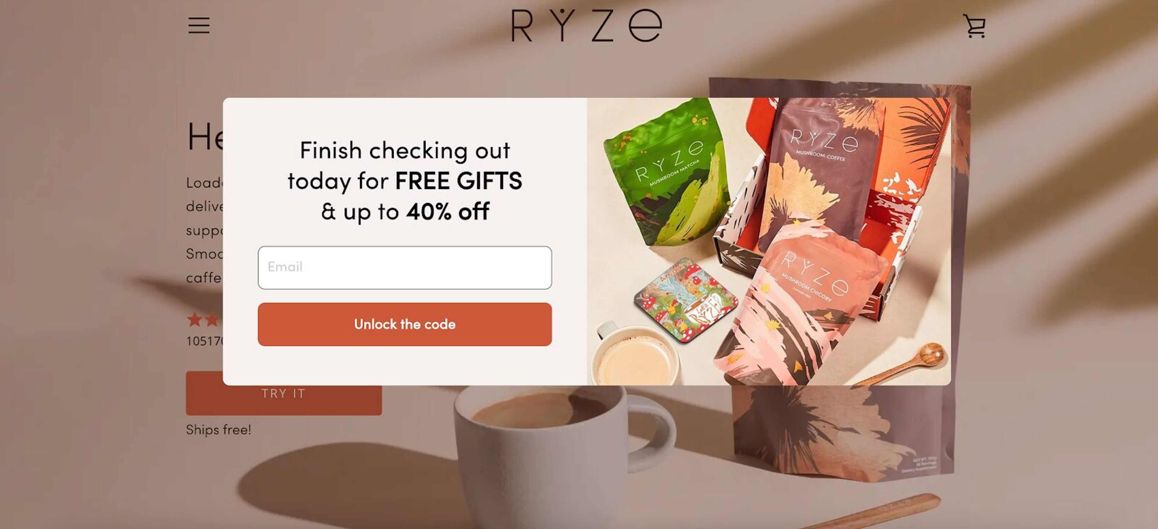 Ryze Mushroom Coffee's popup forms blends with the site and offer a strong incentive.