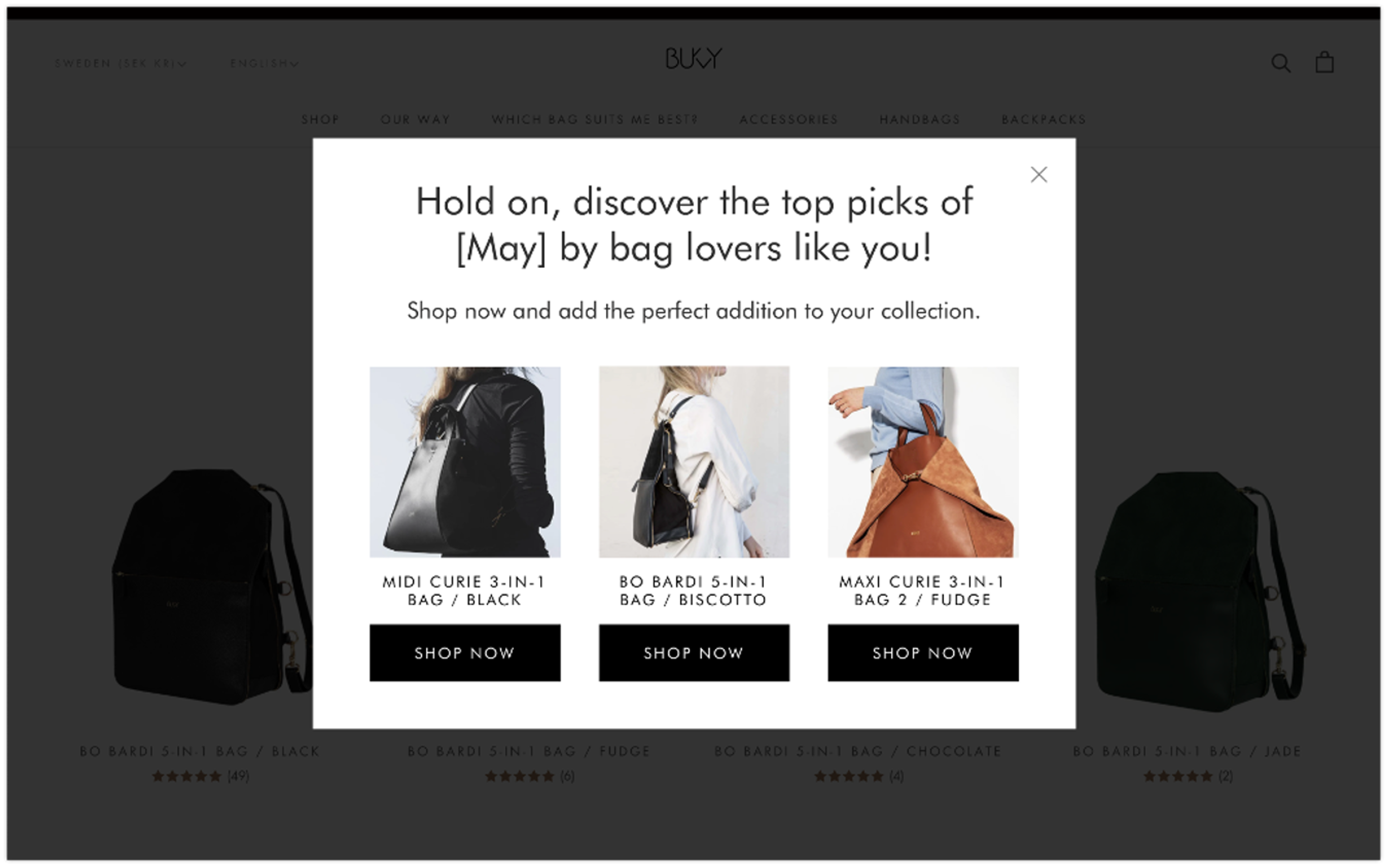 Bukvybag product recommendation pop-up
