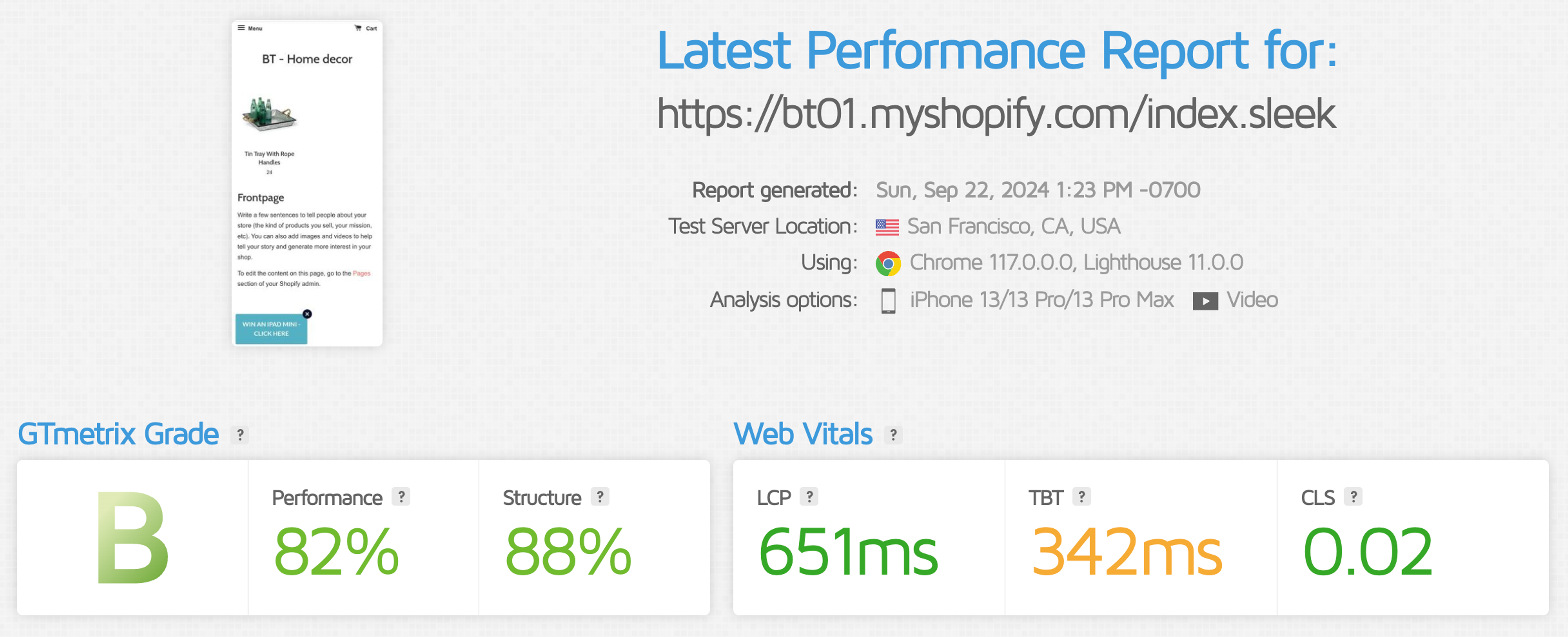 Sleeknote GTMetrix page speed results