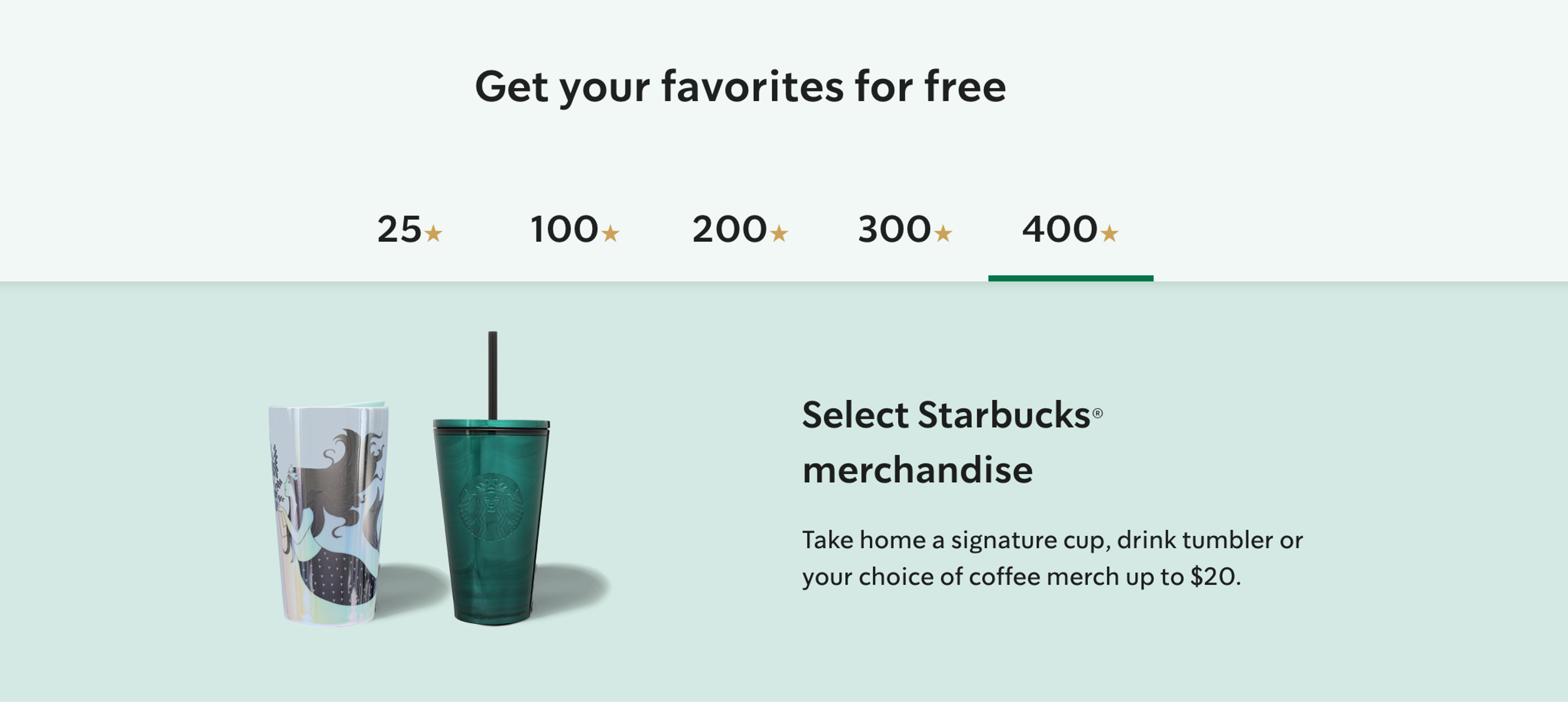 Starbucks rewards program redeem points for free drinks, food, or merchandise