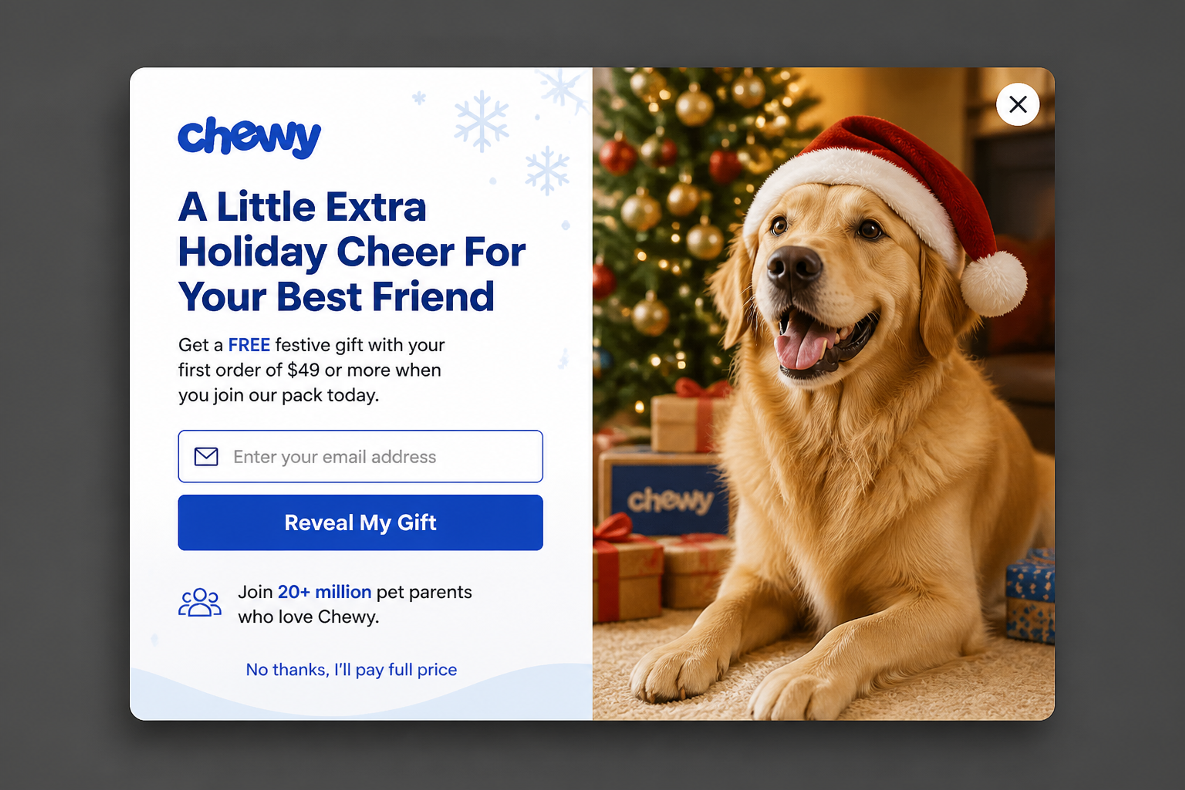 Christmas popup offering a free festive gift with a first order over $49