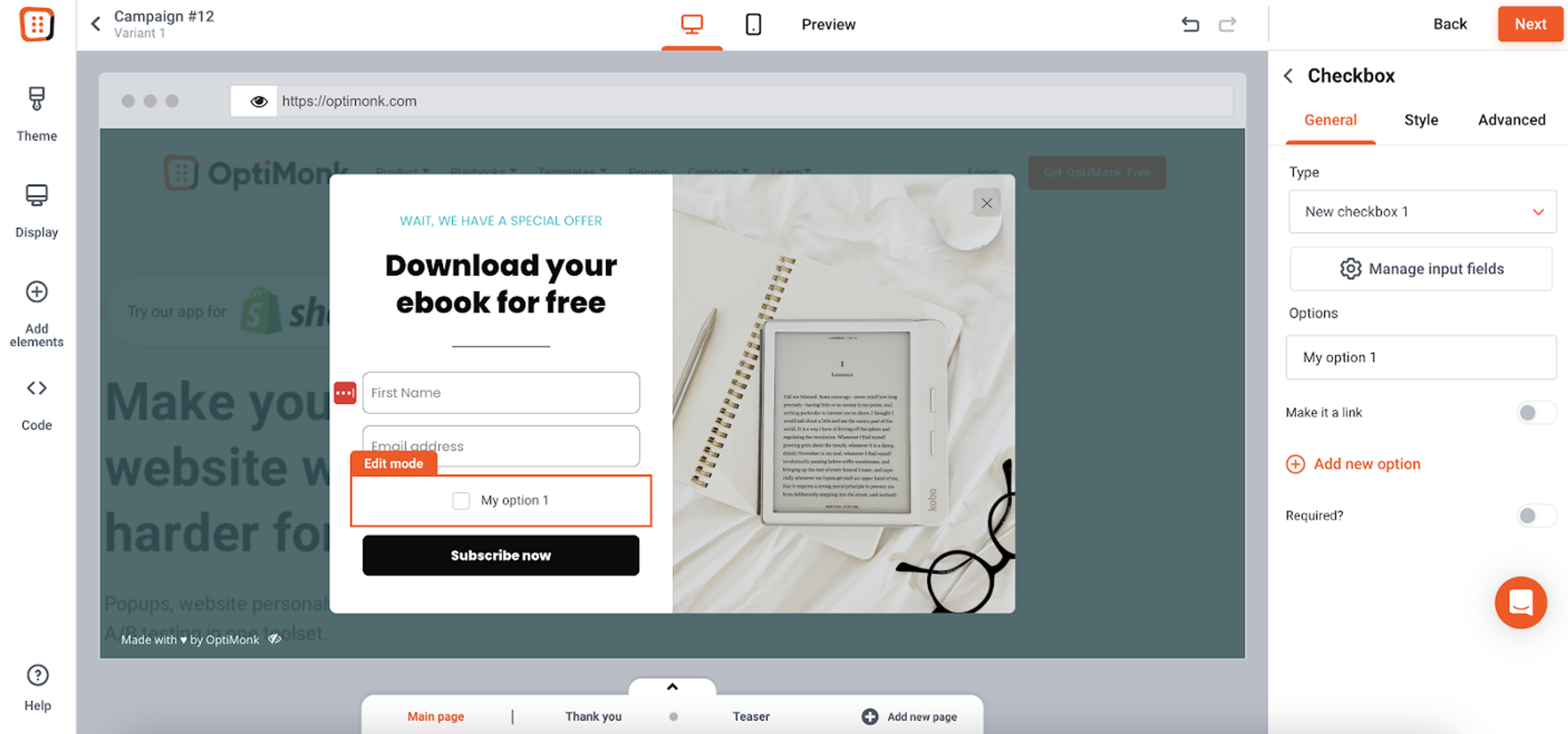 Customizing pop-ups in OptiMonk's drag and drop editor