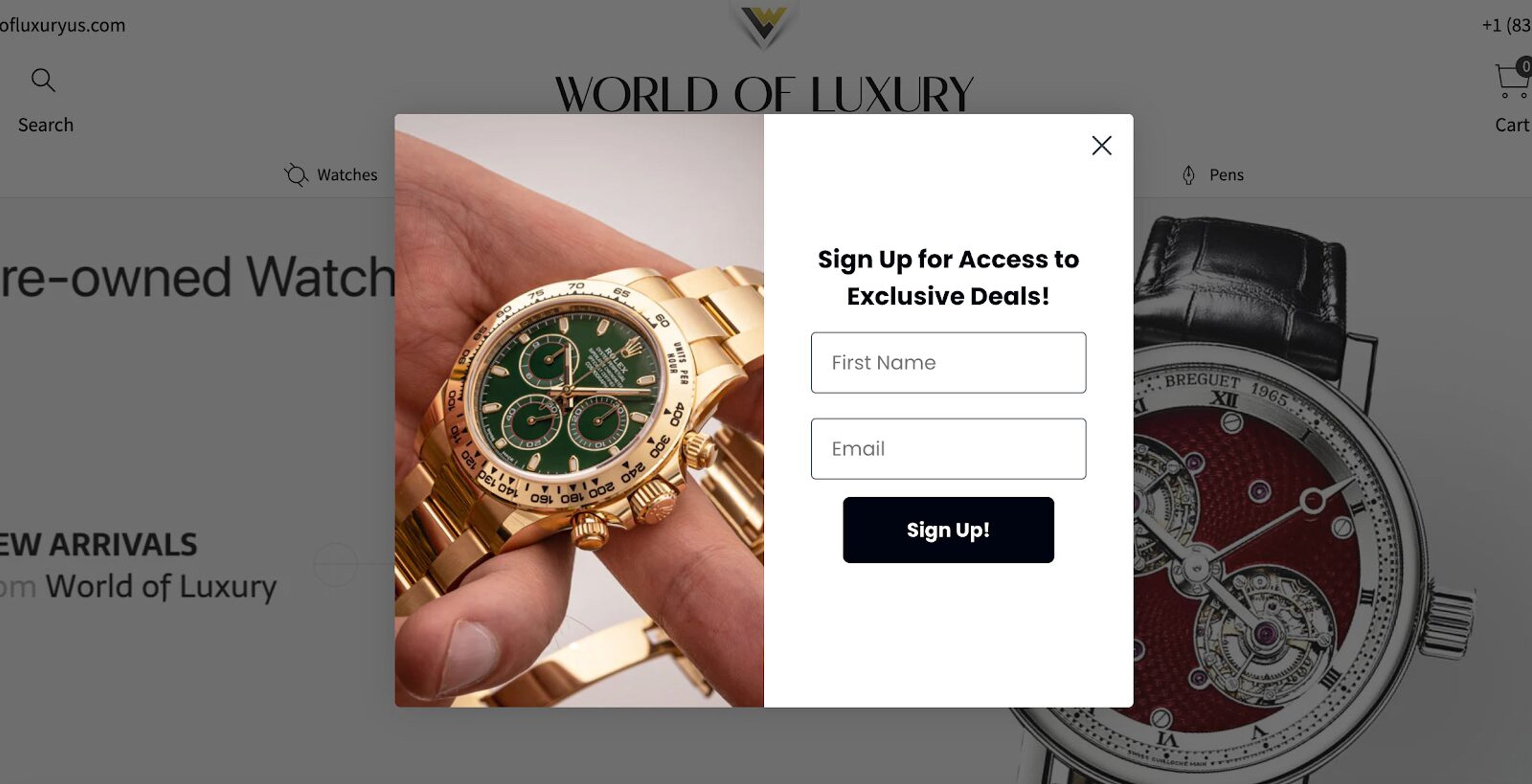 World of Luxury's lead form uses product visuals and exclusive deals to attract luxury-seeking customers