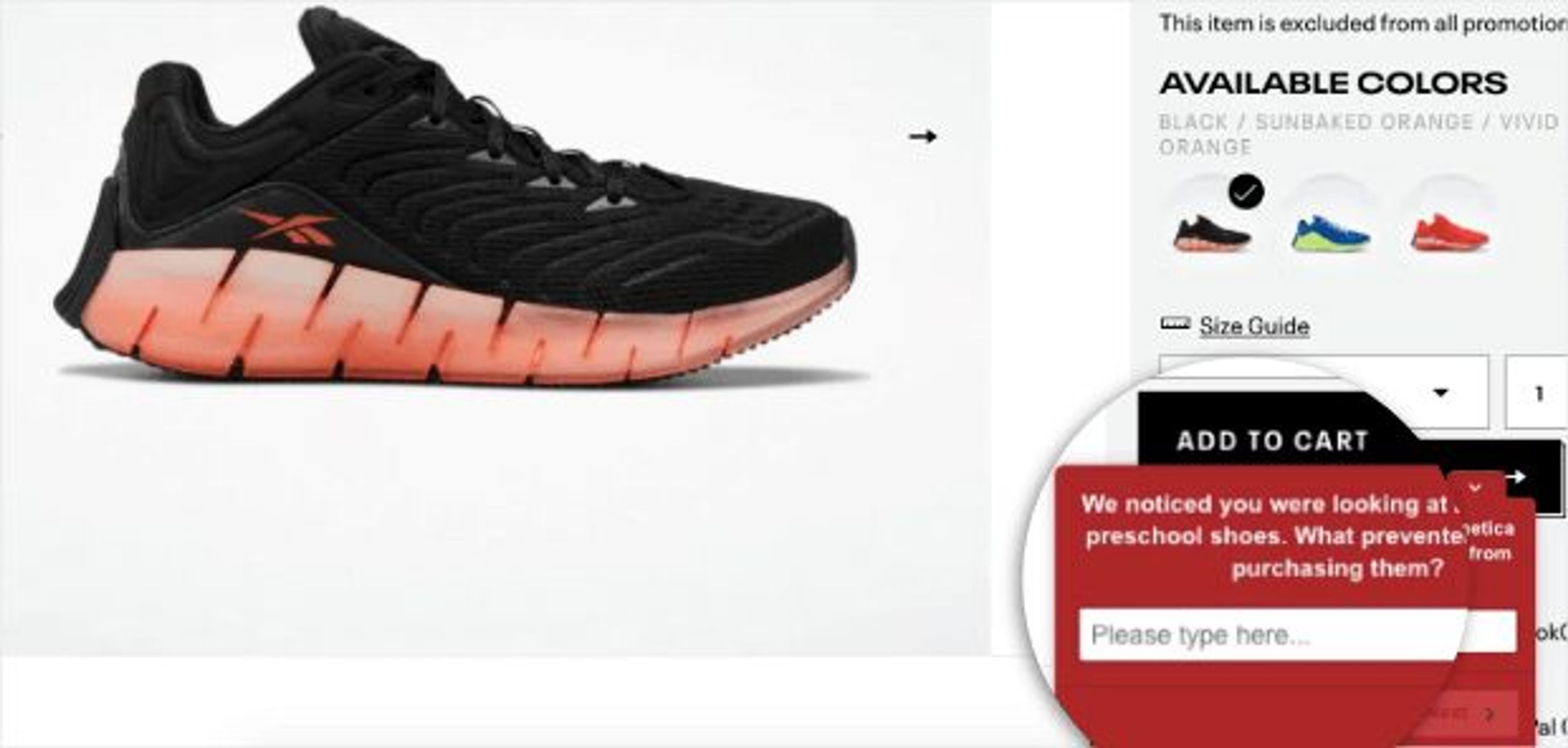 Reebok's open ended feedback form collect information from product page visitors.