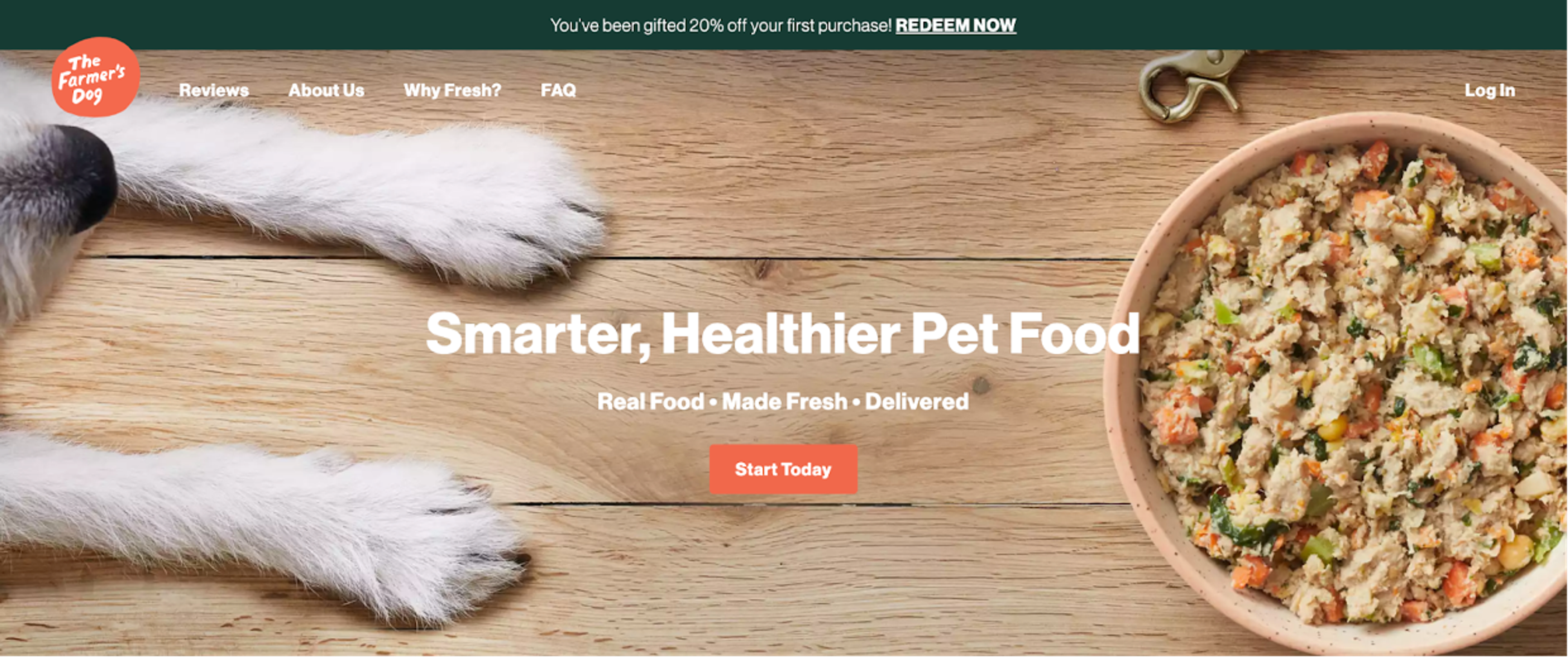 A sticky banner on The Farmer’s Dog website that promotes their 20% off discount