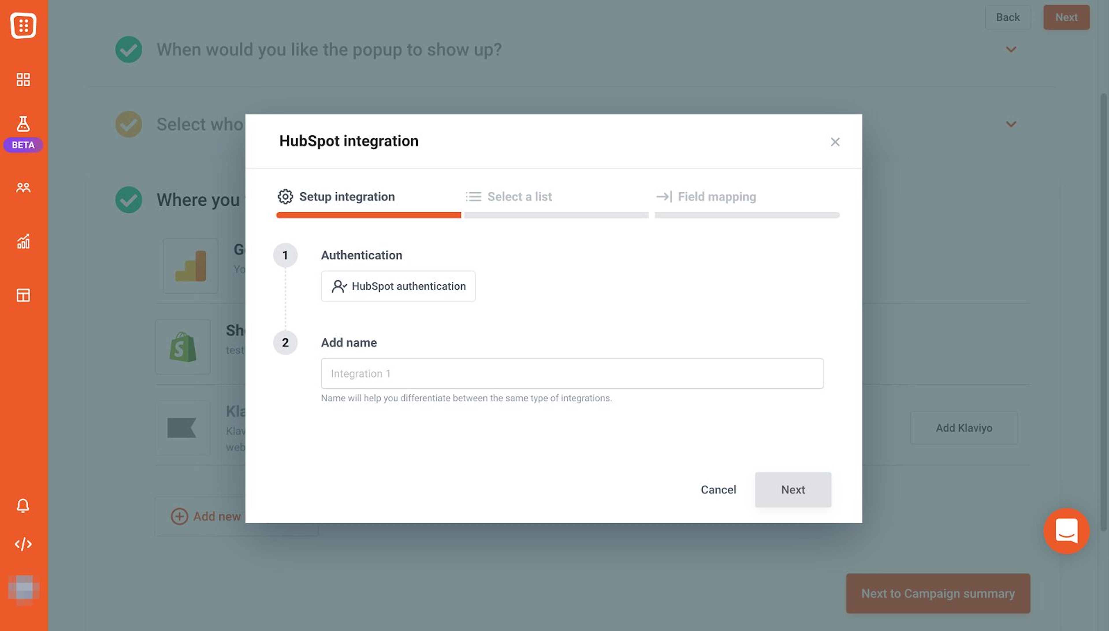 Click on the "HubSpot Authentication" button, which will redirect you to HubSpot.