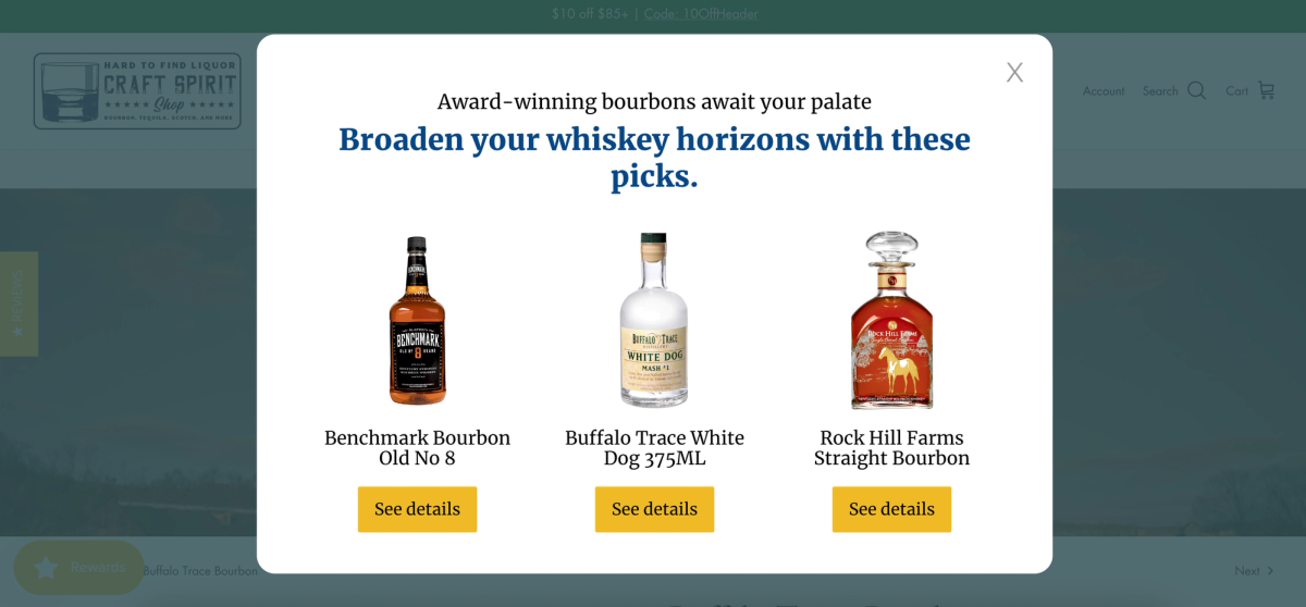 The personalized recommendation popup with whiskey's.