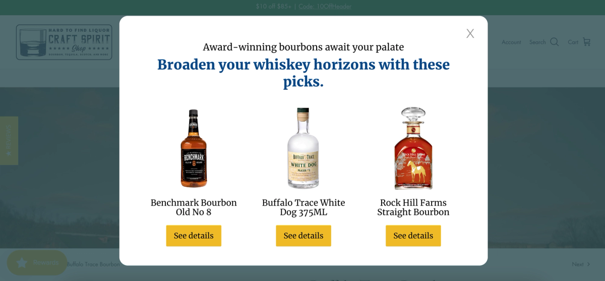 The personalized recommendation popup with whiskey's.