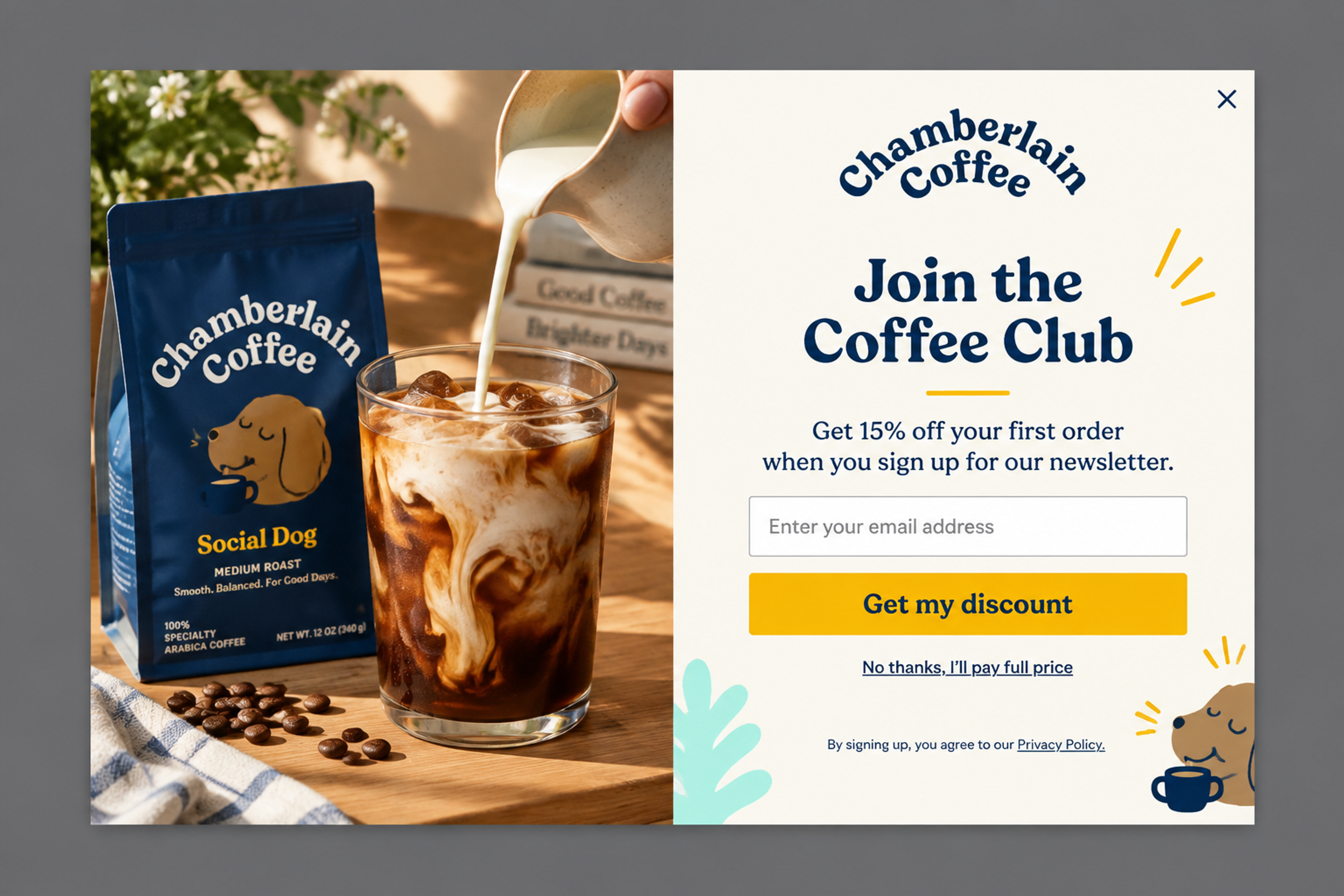 Welcome discount popup designed for Chamberlain Coffee