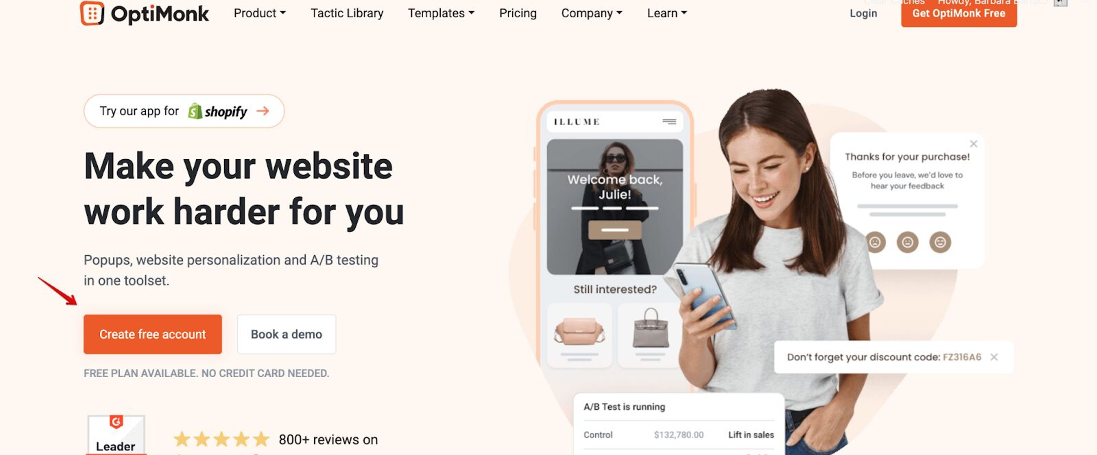 OptiMonk's CTA button color is red.