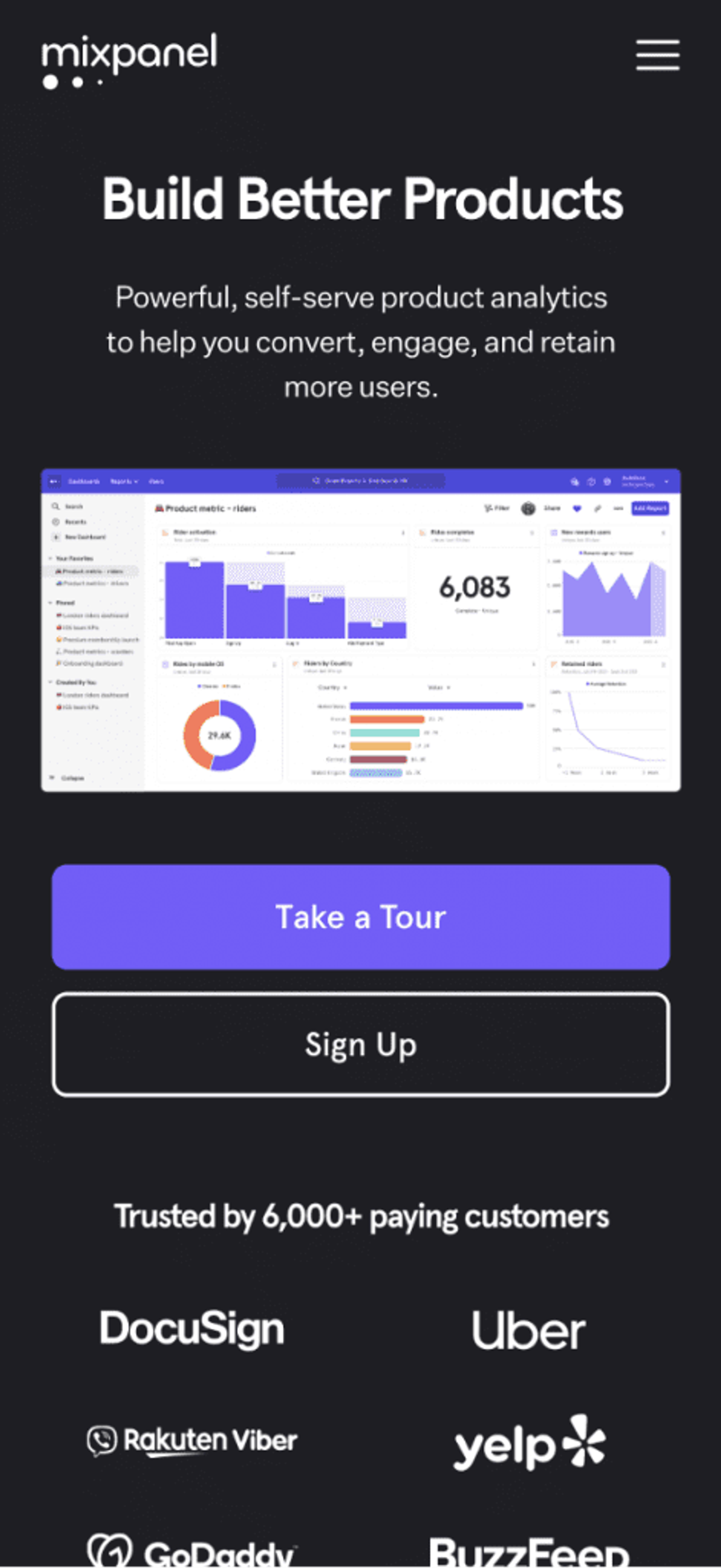 Mixpanel mobile landing page example