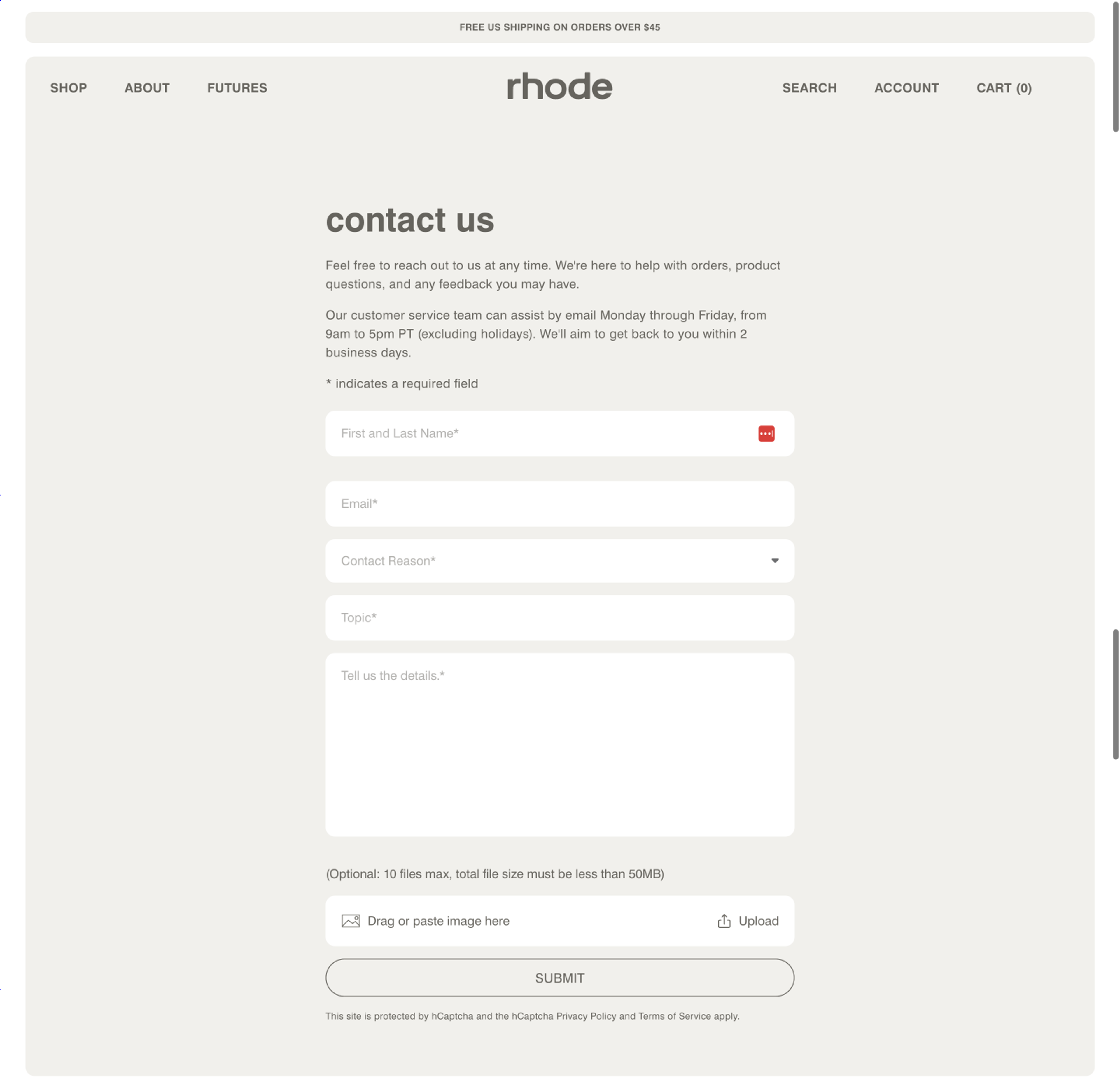 Rhode website contact form