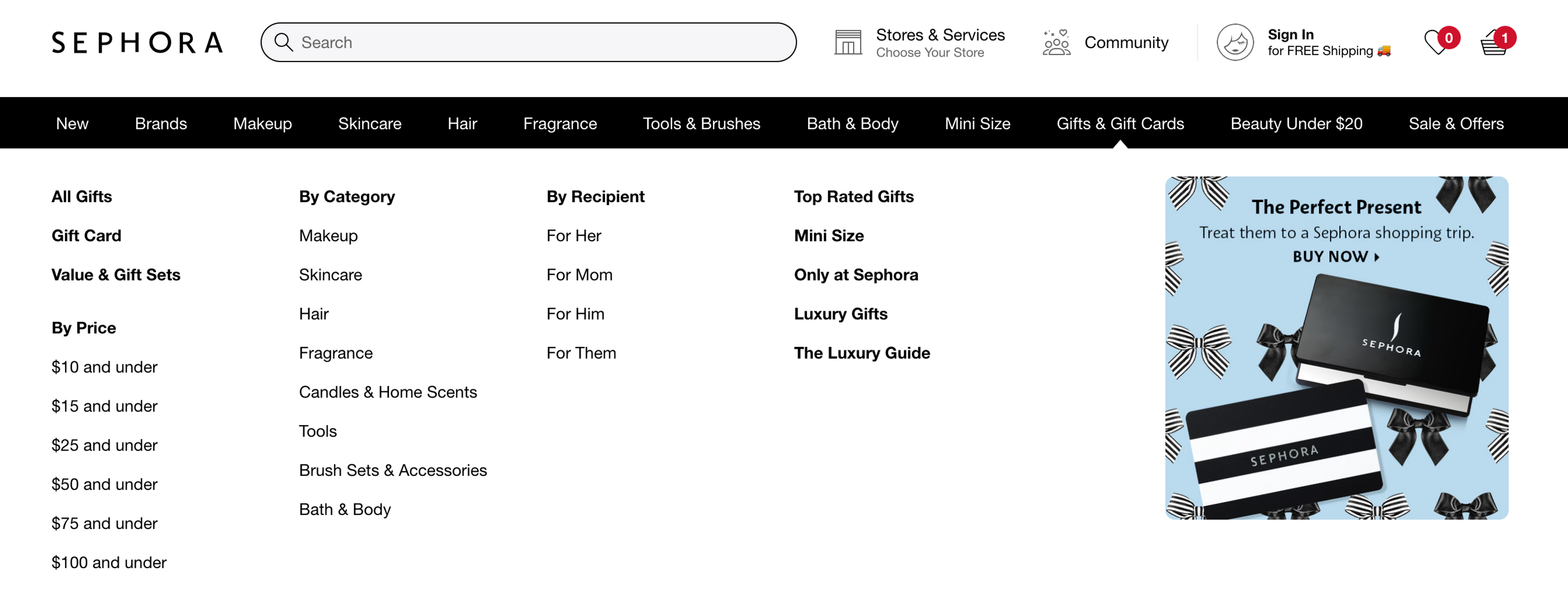 Sephora categories helping to find the perfect gift