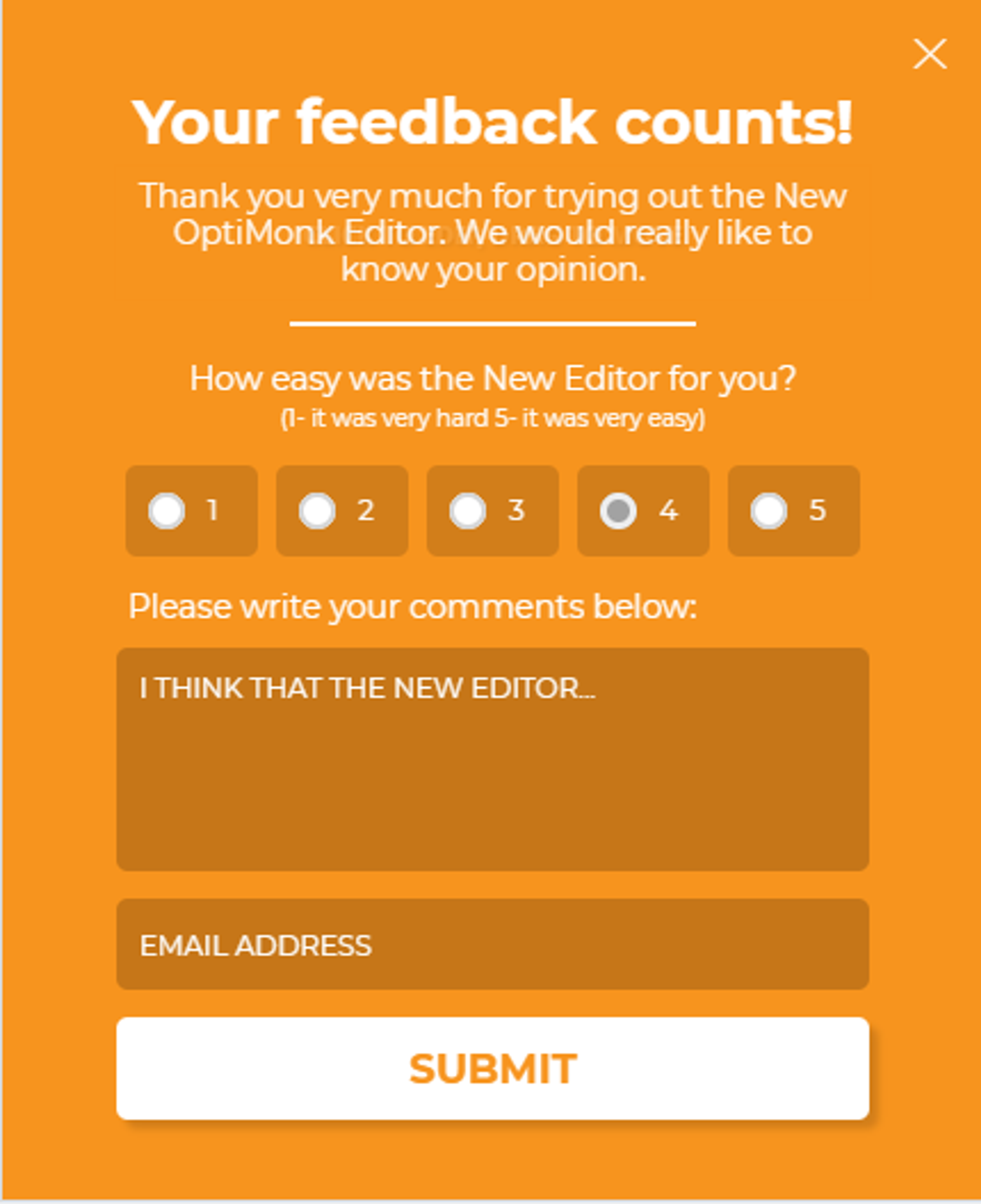 OptiMonk’s in-app feedback screen