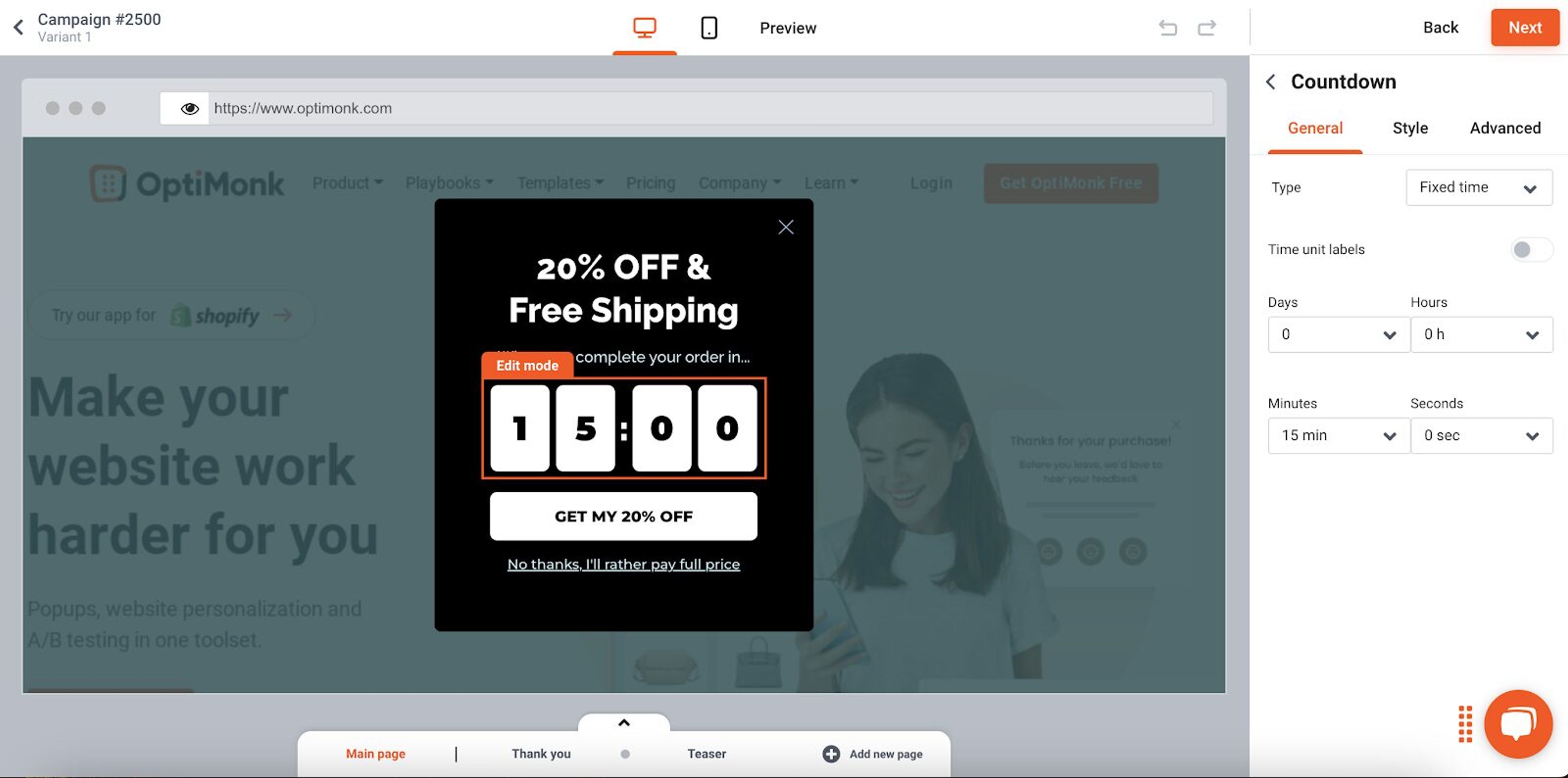 Choose a popup template or add a countdown timer for your own design.
