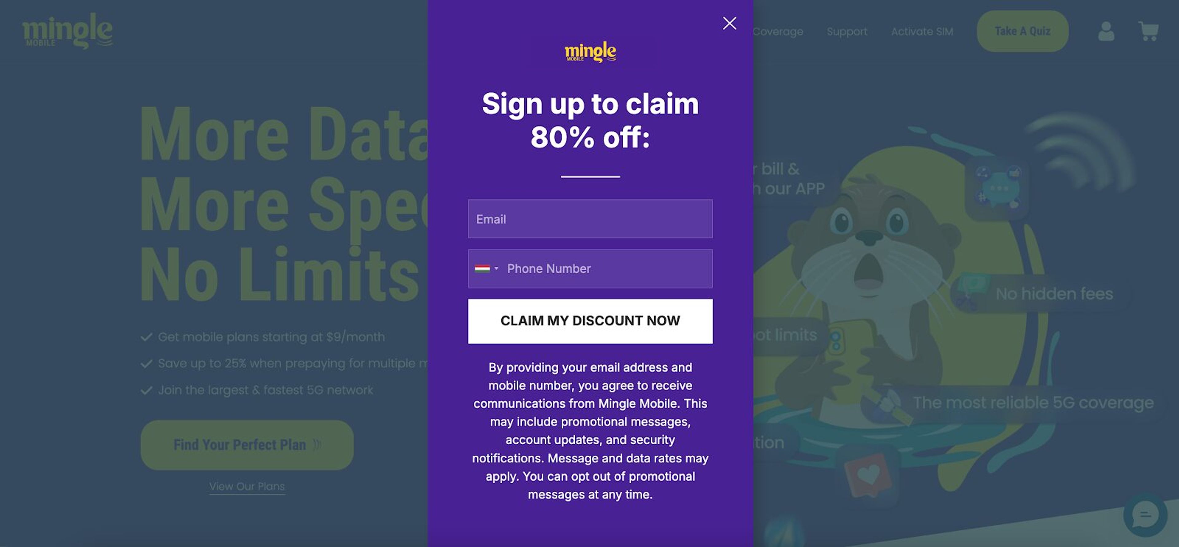 Mingle Mobile's quiz-style pop-up captures leads with an 80% discount, asking for email and SMS details."