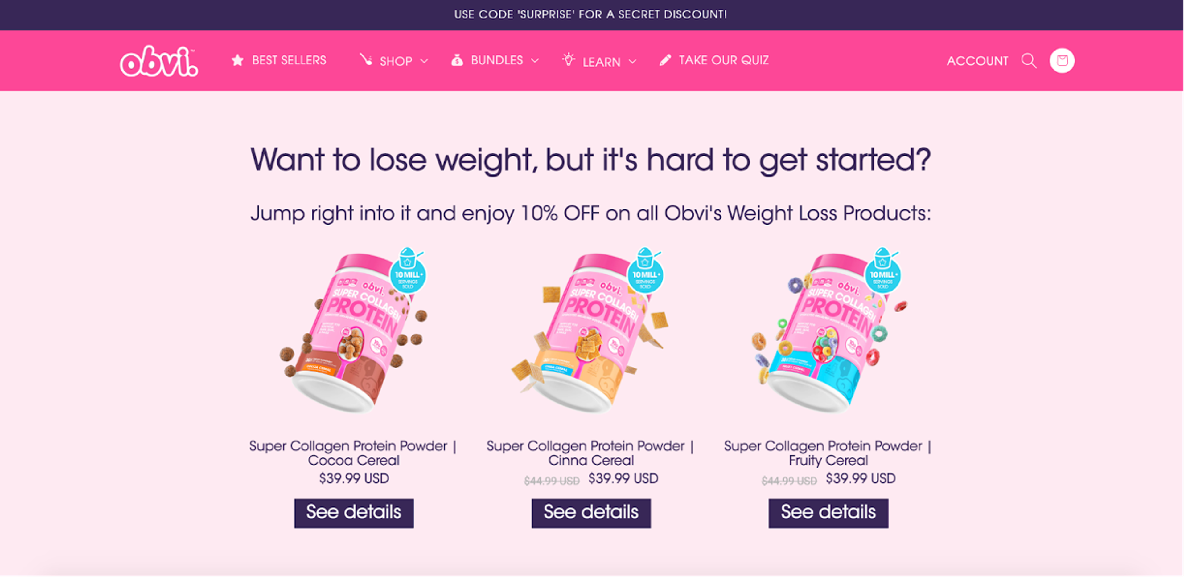 Obvi offered a personalized shopping experience by specific landing pages.