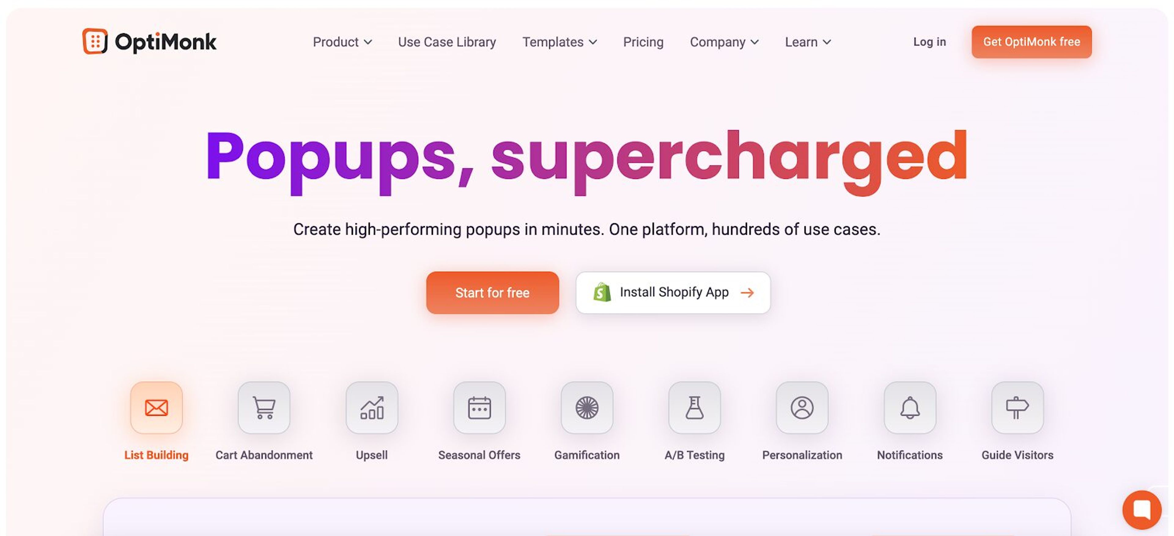 OptiMonk popup builder as a Popup Maker alternative, featuring a drag-and-drop editor and personalization tools for creating high-converting popups.