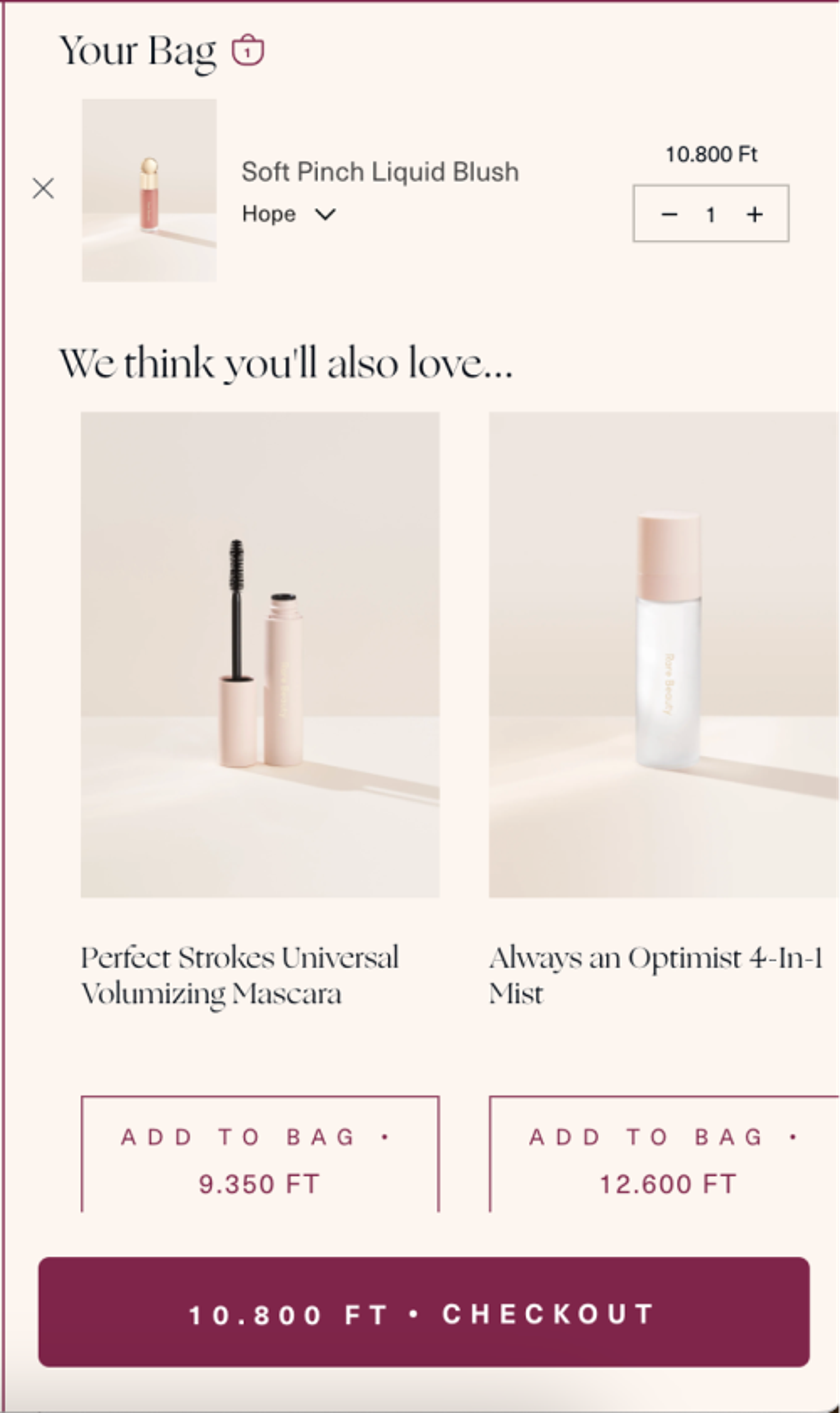 Rare Beauty product recommendation in cart
