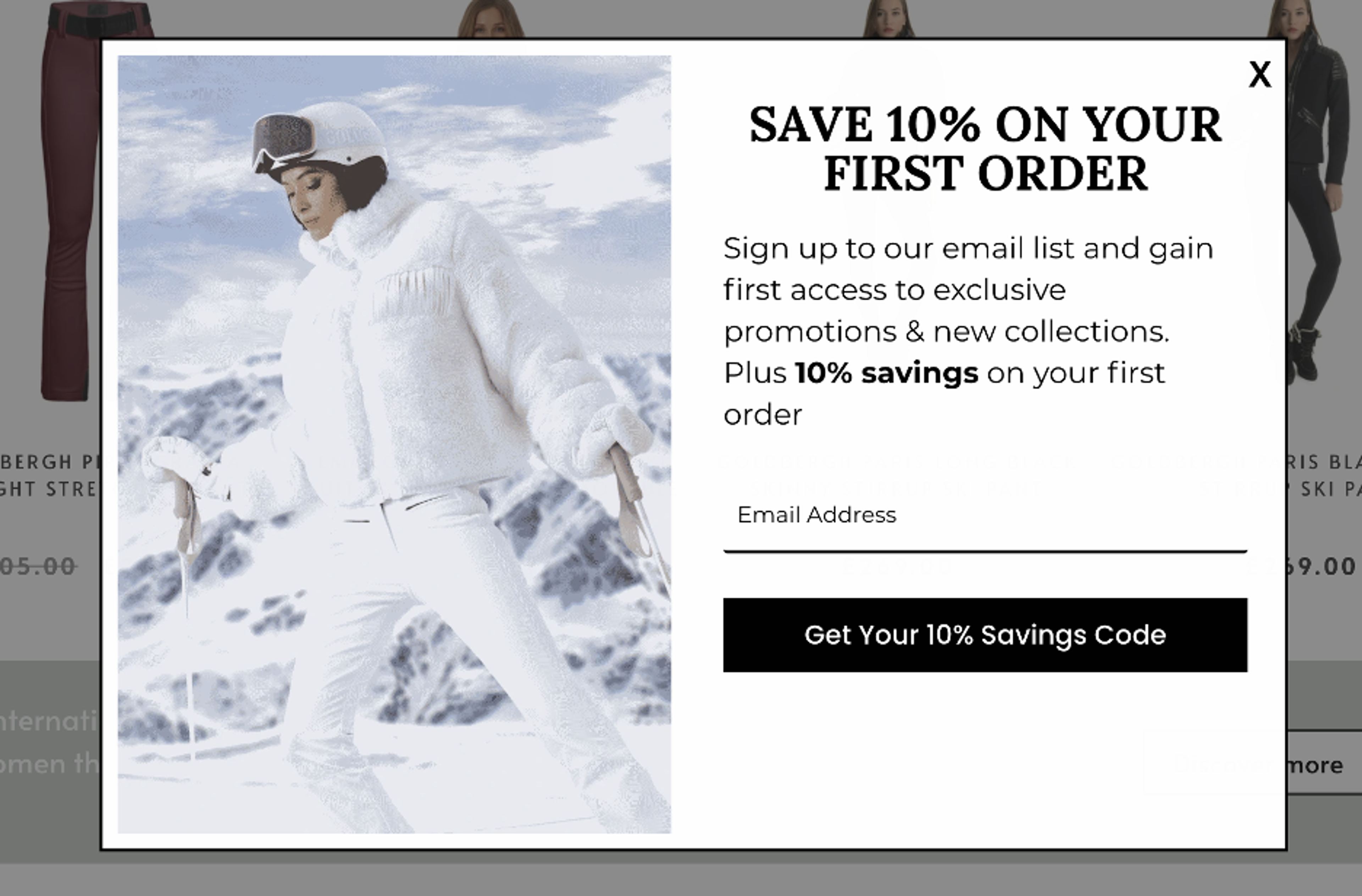 Exit-intent popup example from Winternational offering a 10% discount