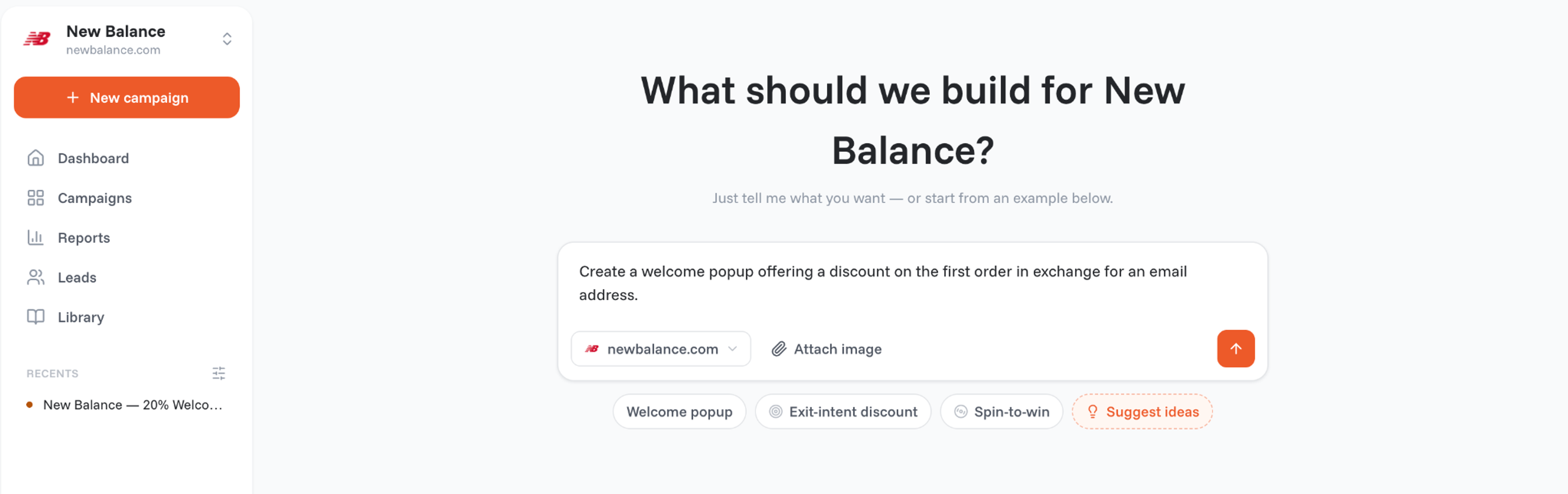 OptiMonk builder: the "What should we build?" box with a one-sentence popup prompt
