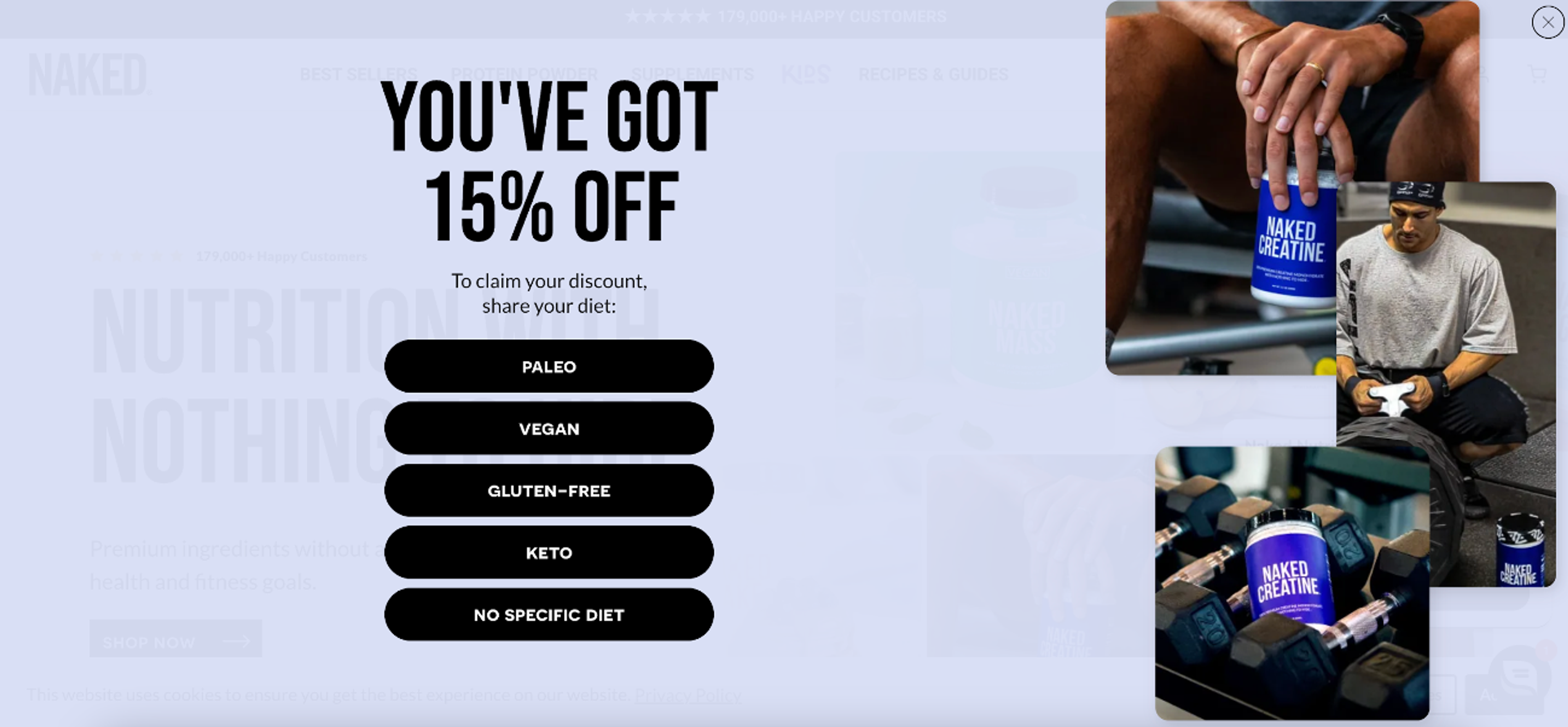 Naked Nutrition's nteractive popup asking about diet preferences for a personal touch