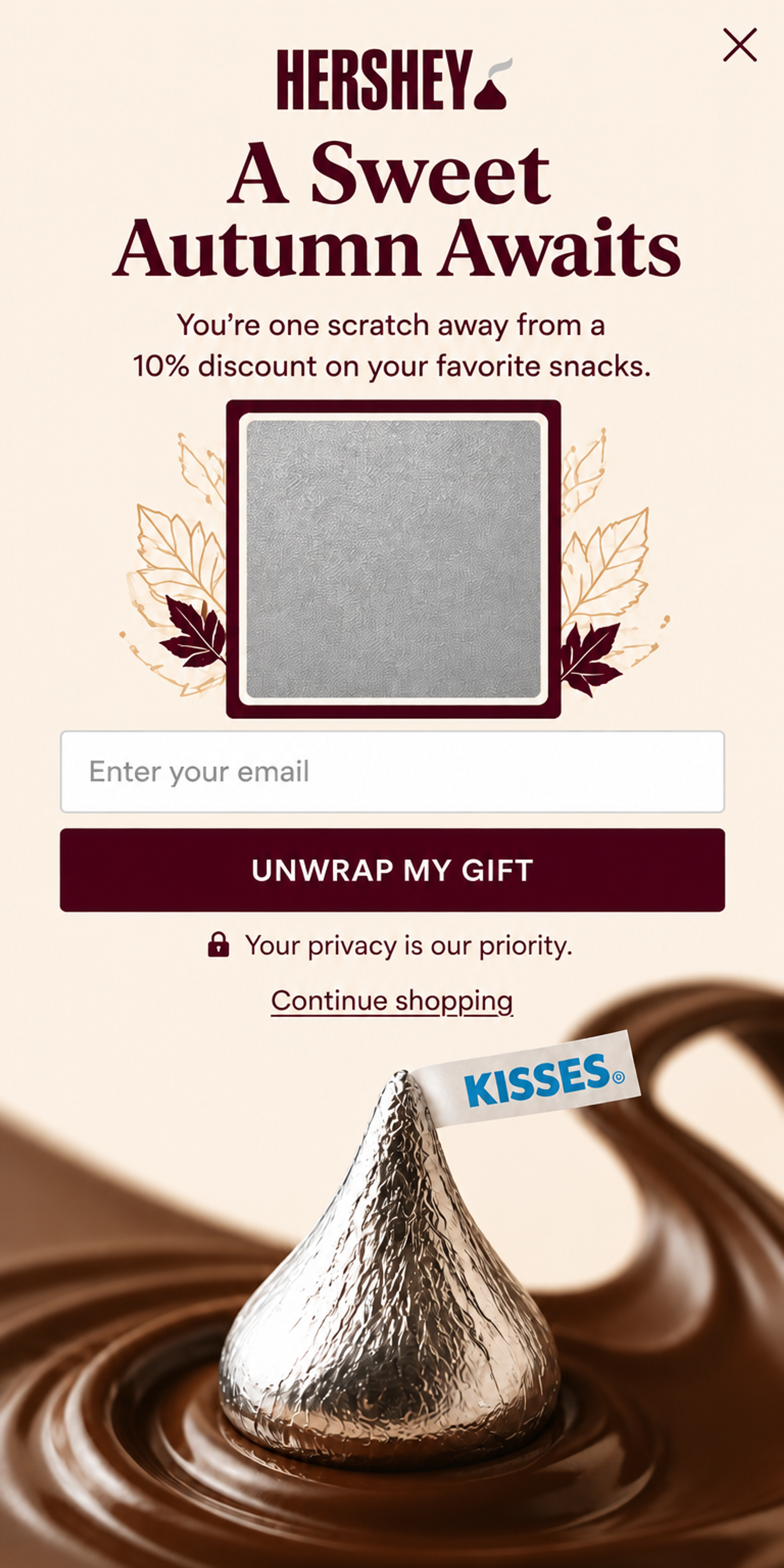 Mobile version of the Modern Minimalist Melt popup designed for Hershey's