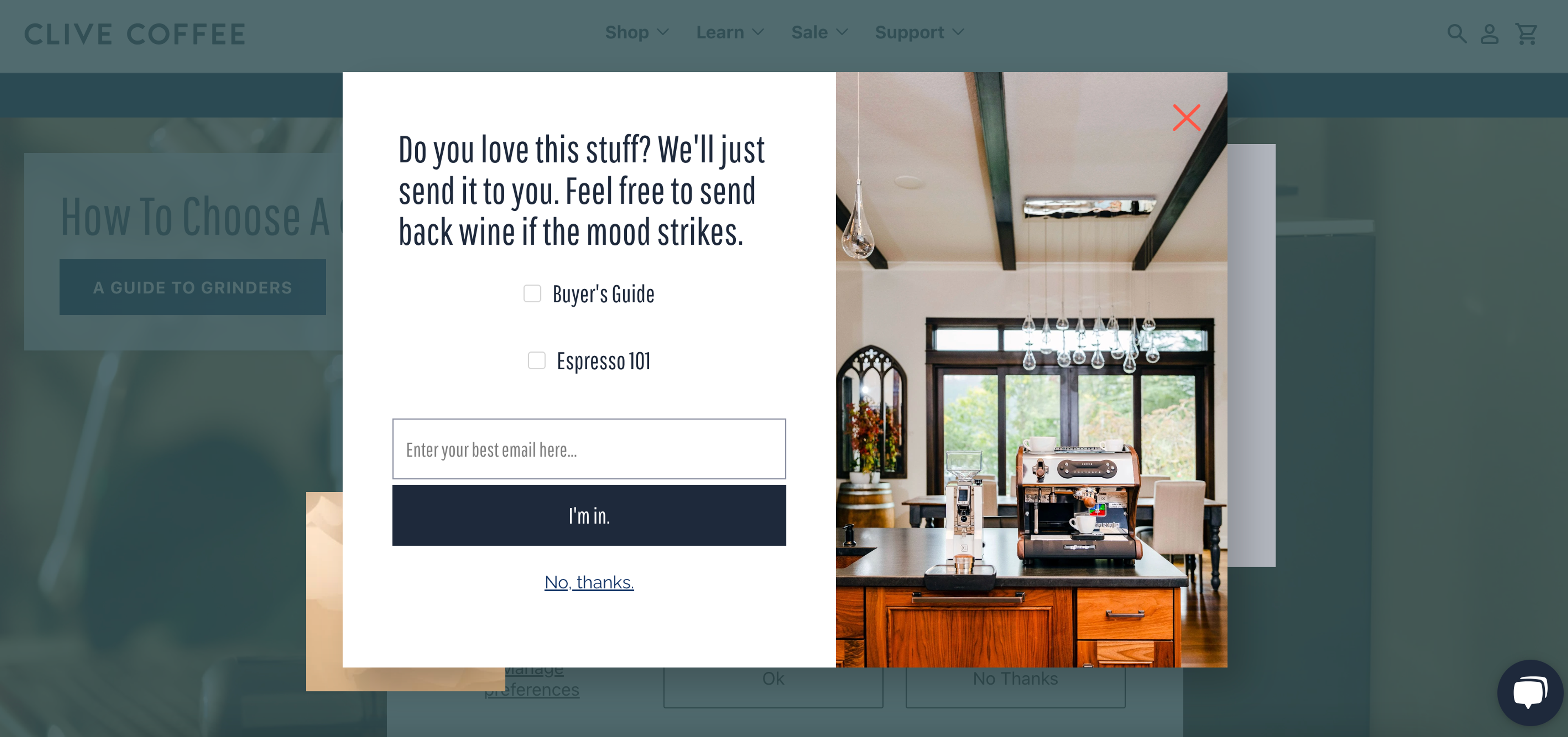 Clive Coffee's email capture popup form has a casual copywriting style connecting with the audience.