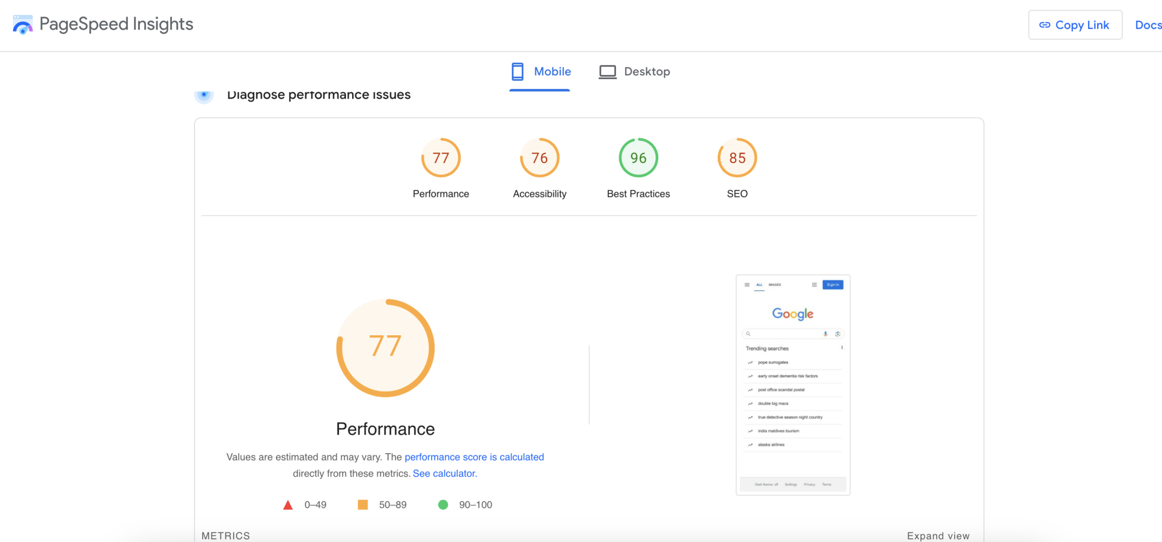 PageSpeed Insights performance score