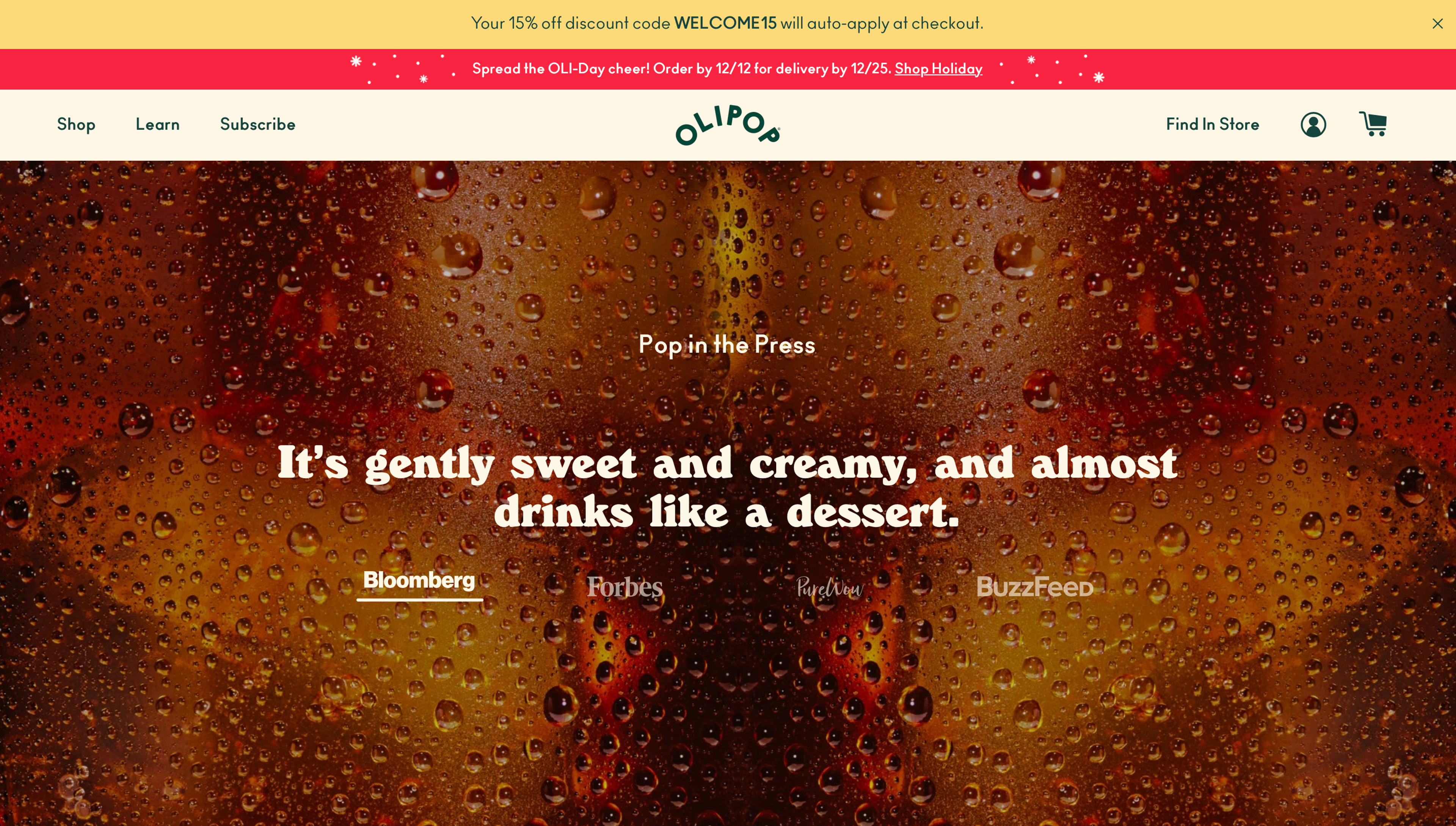 Olipop displays mentions in publications on its website.