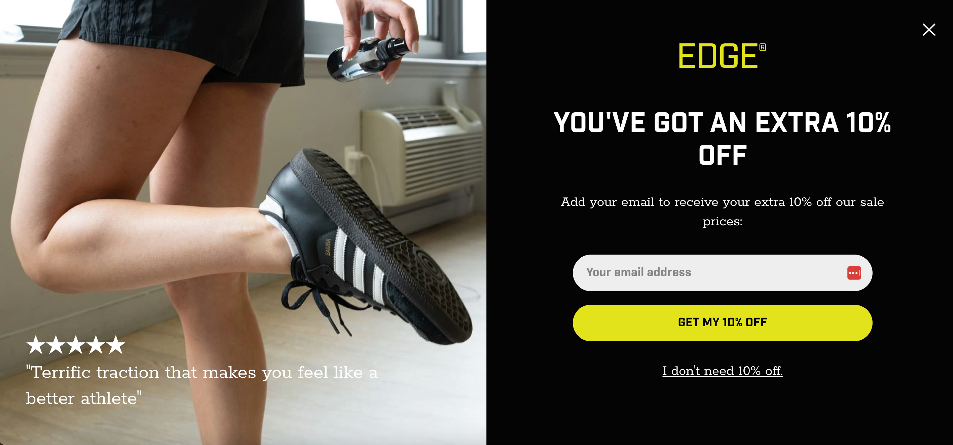 EDGE Shoe Grip Spray’s conversational popup