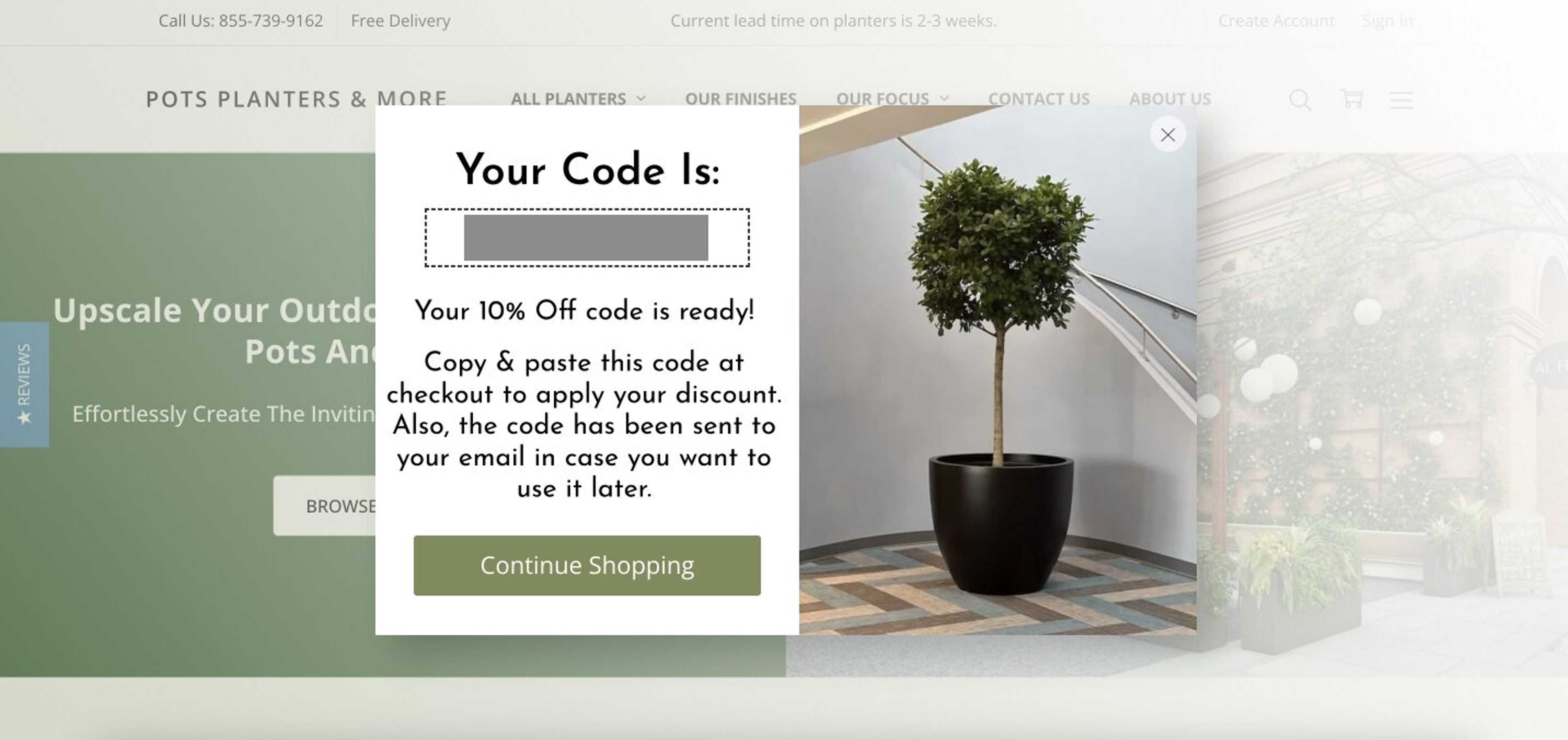 "Pots, Planters &amp; More's segmentation form allowing visitors to choose their shopping reason and offering targeted coupon codes."