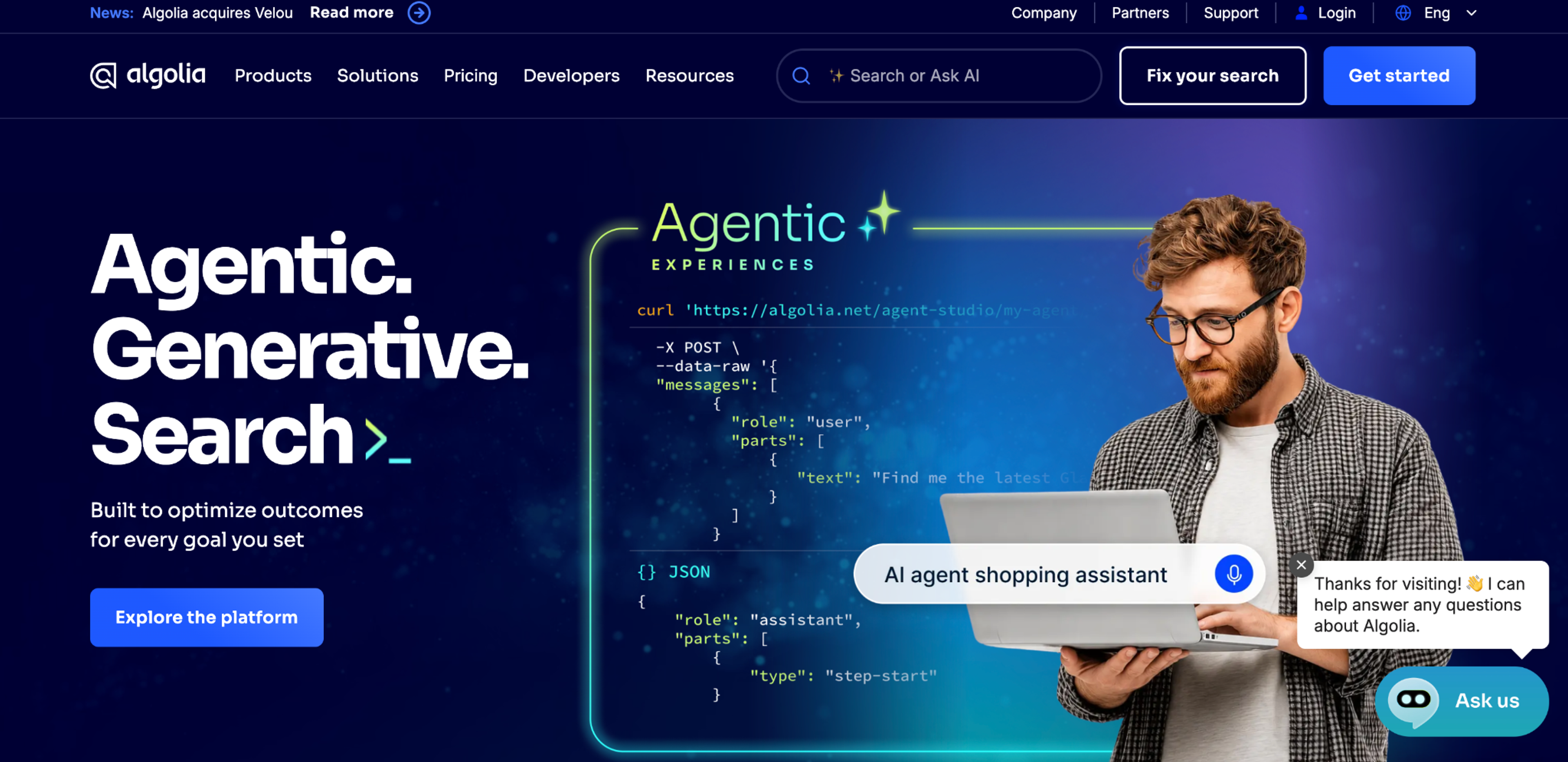 Algolia homepage presenting agentic, generative search for ecommerce